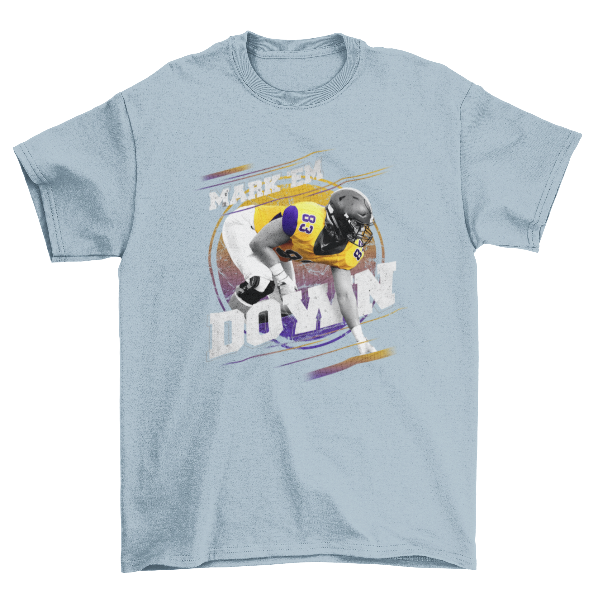 Great Hobby Quarterback t-shirt featuring a football player graphic and motivational quote 'Mark 'em down'.