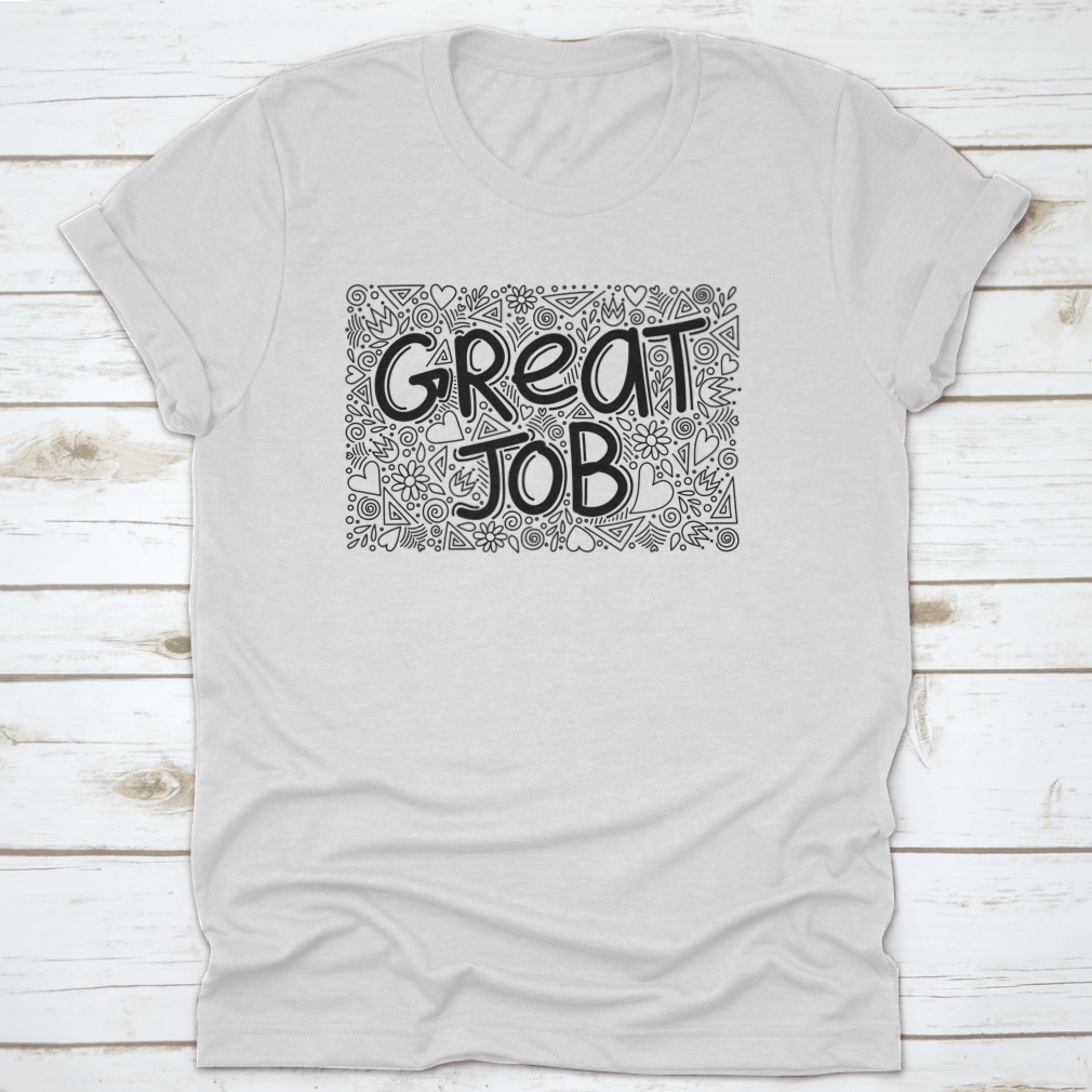 Great Job Word Doodle Pattern Anti Stress T-Shirt for adults, featuring a playful design on a comfortable cotton fabric.