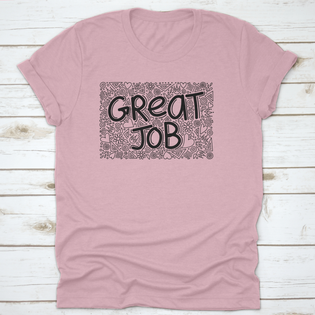 Great Job Word Doodle Pattern Anti Stress T-Shirt for adults, featuring a playful design on a comfortable cotton fabric.