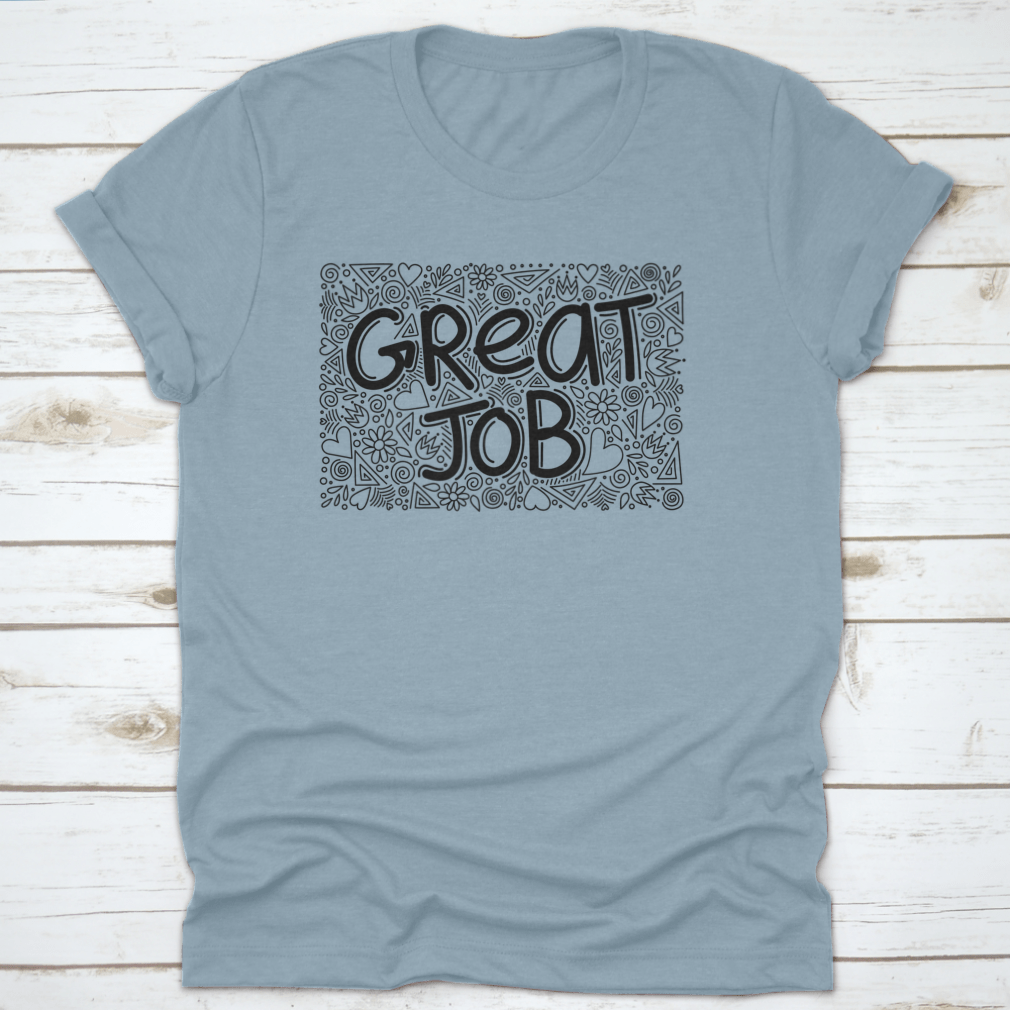 Great Job Word Doodle Pattern Anti Stress T-Shirt for adults, featuring a playful design on a comfortable cotton fabric.