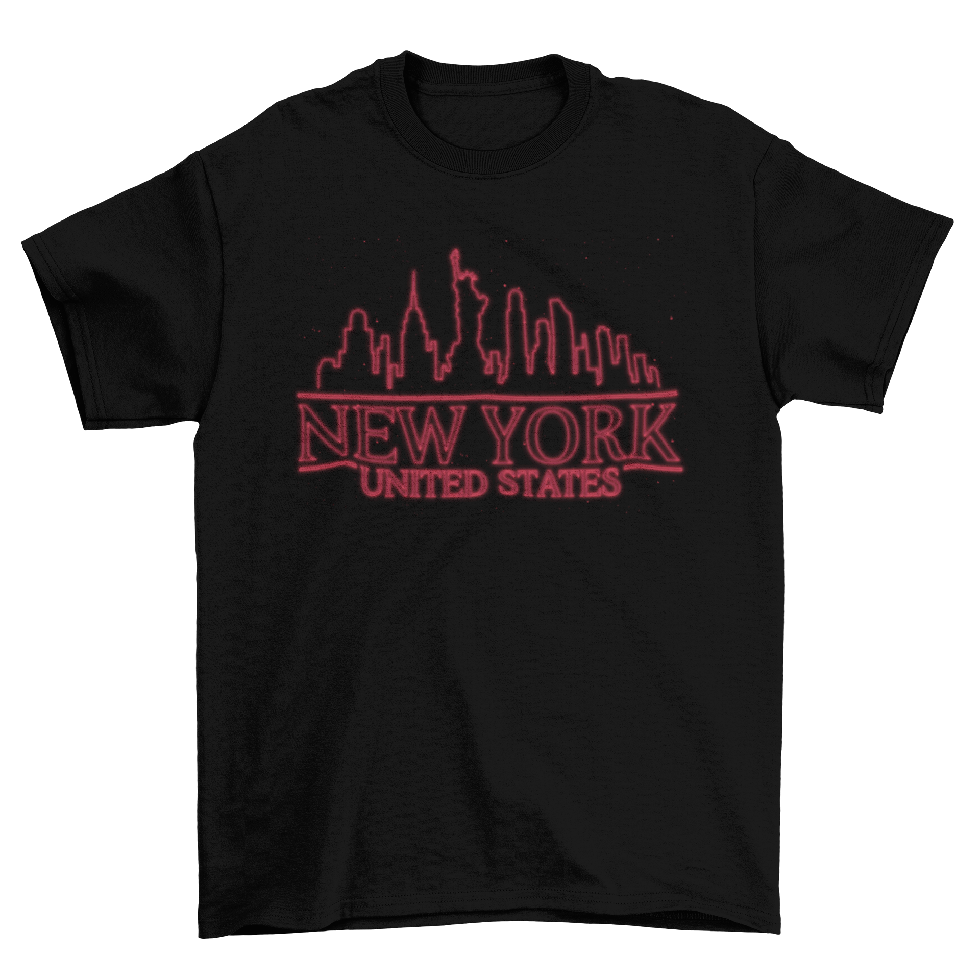 A vibrant t-shirt featuring a neon outline quote 'NEW YORK UNITED STATES', showcasing the iconic skyline of New York City.