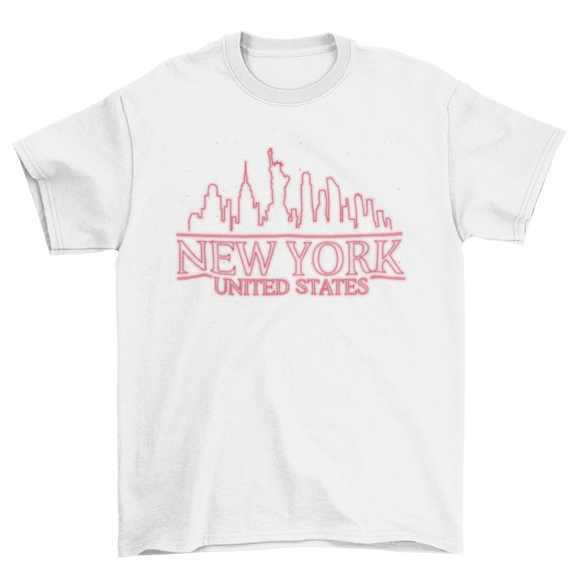 A vibrant t-shirt featuring a neon outline quote 'NEW YORK UNITED STATES', showcasing the iconic skyline of New York City.