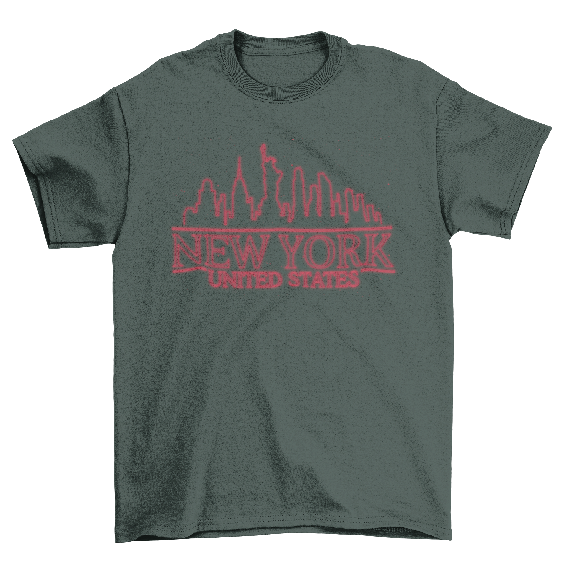 A vibrant t-shirt featuring a neon outline quote 'NEW YORK UNITED STATES', showcasing the iconic skyline of New York City.