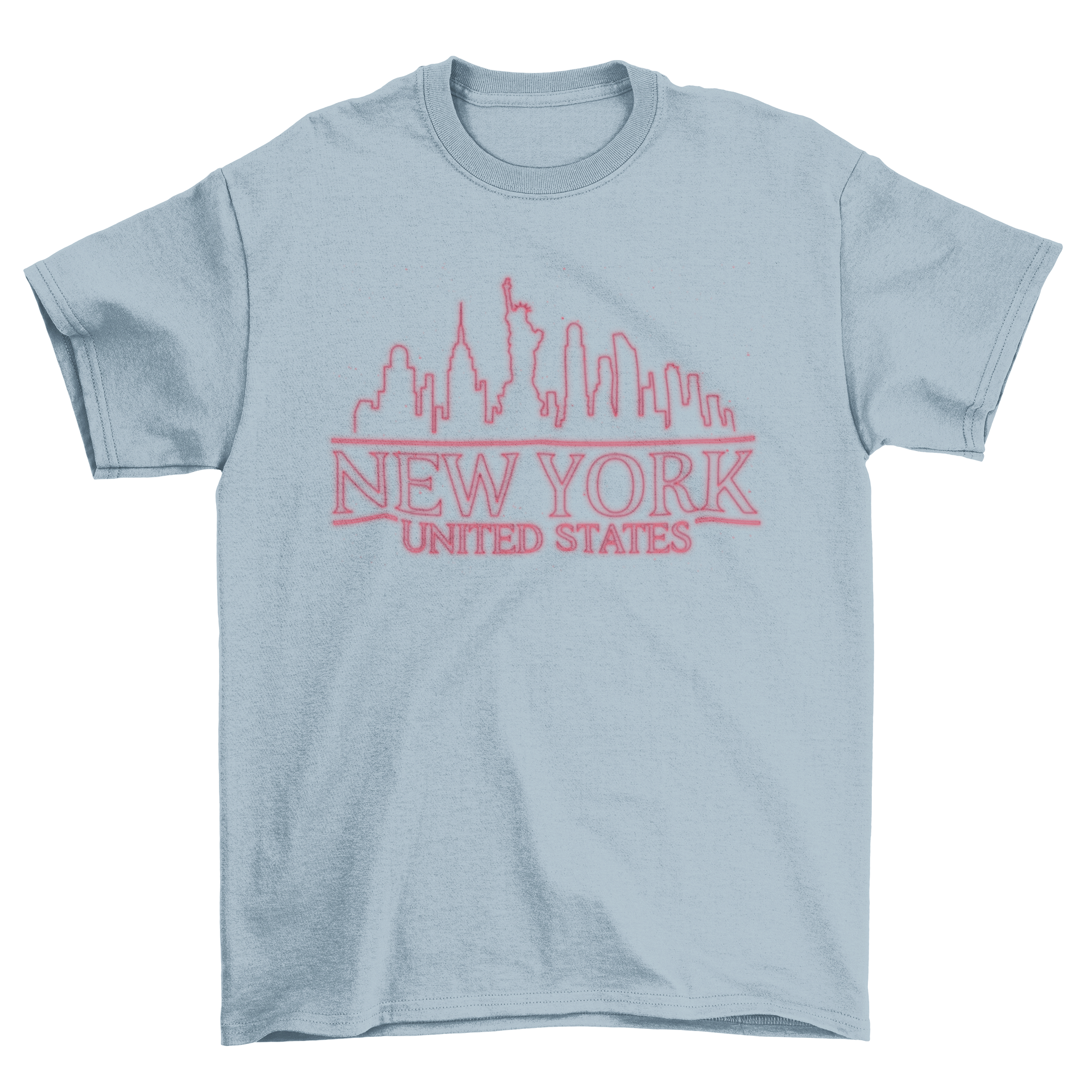 A vibrant t-shirt featuring a neon outline quote 'NEW YORK UNITED STATES', showcasing the iconic skyline of New York City.