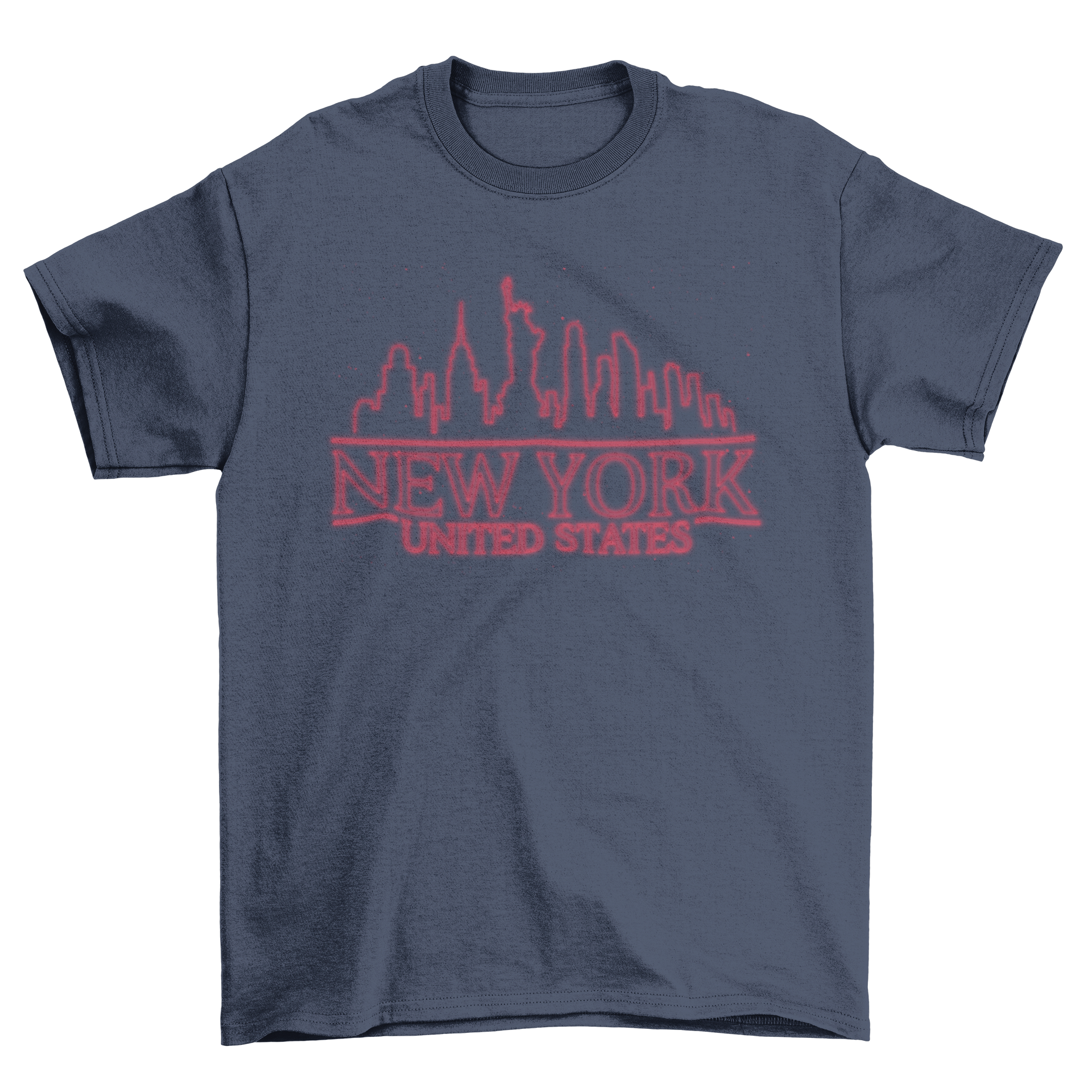 A vibrant t-shirt featuring a neon outline quote 'NEW YORK UNITED STATES', showcasing the iconic skyline of New York City.