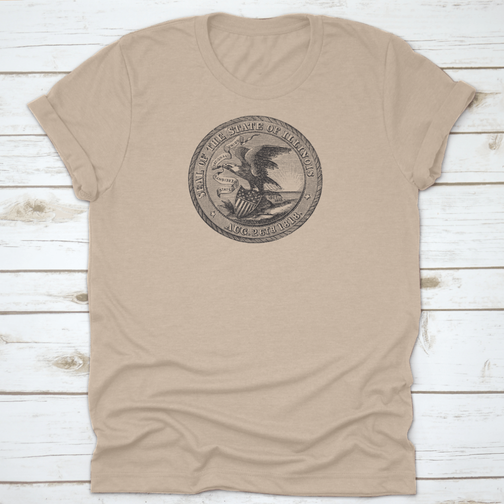 Vintage engraving of the Great Seal of Illinois on a classic cotton t-shirt, showcasing intricate details.