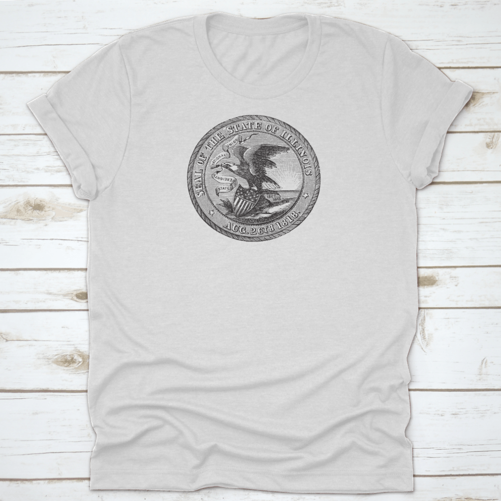 Vintage engraving of the Great Seal of Illinois on a classic cotton t-shirt, showcasing intricate details.