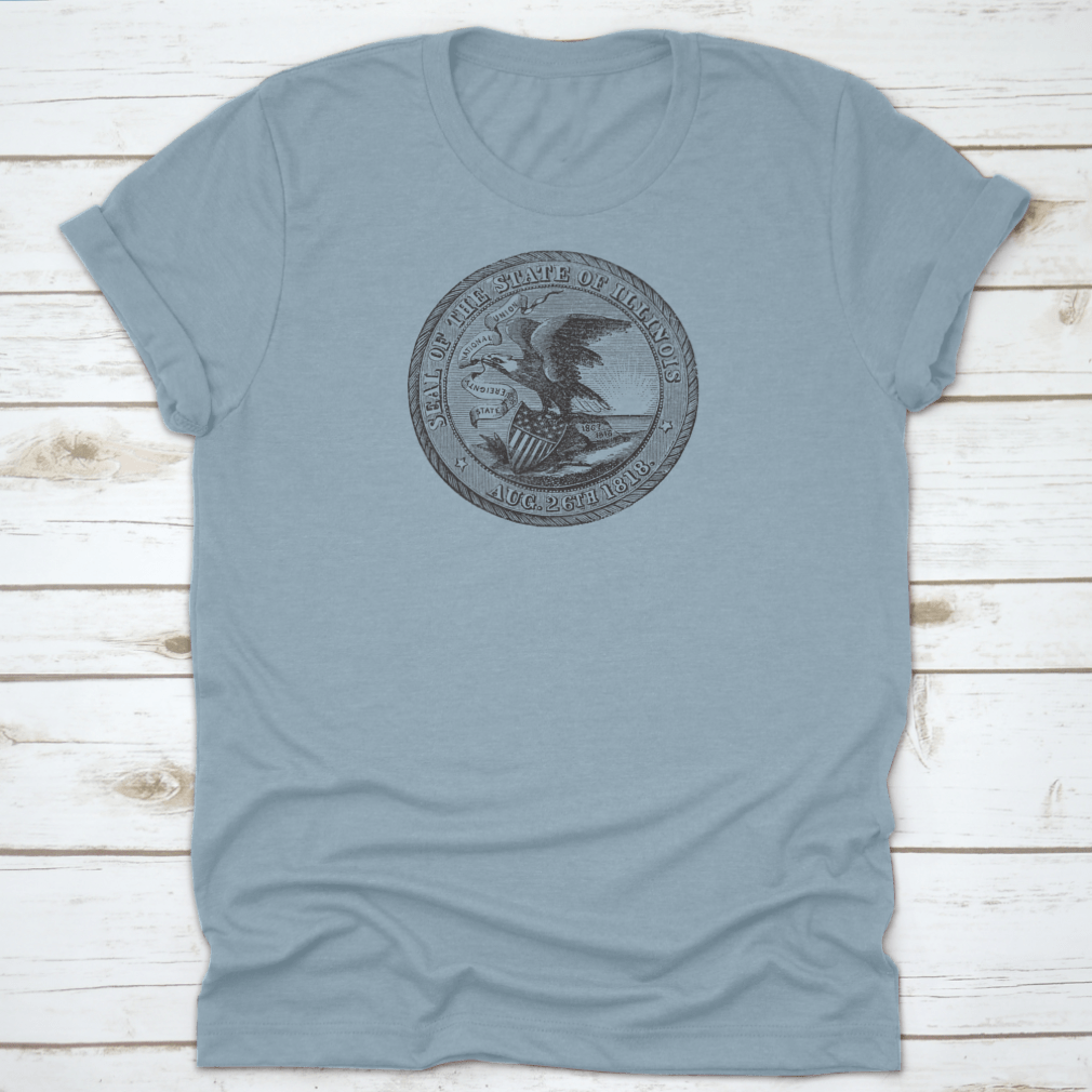 Vintage engraving of the Great Seal of Illinois on a classic cotton t-shirt, showcasing intricate details.