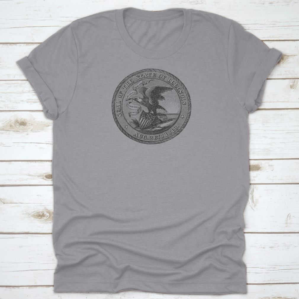 Vintage engraving of the Great Seal of Illinois on a classic cotton t-shirt, showcasing intricate details.