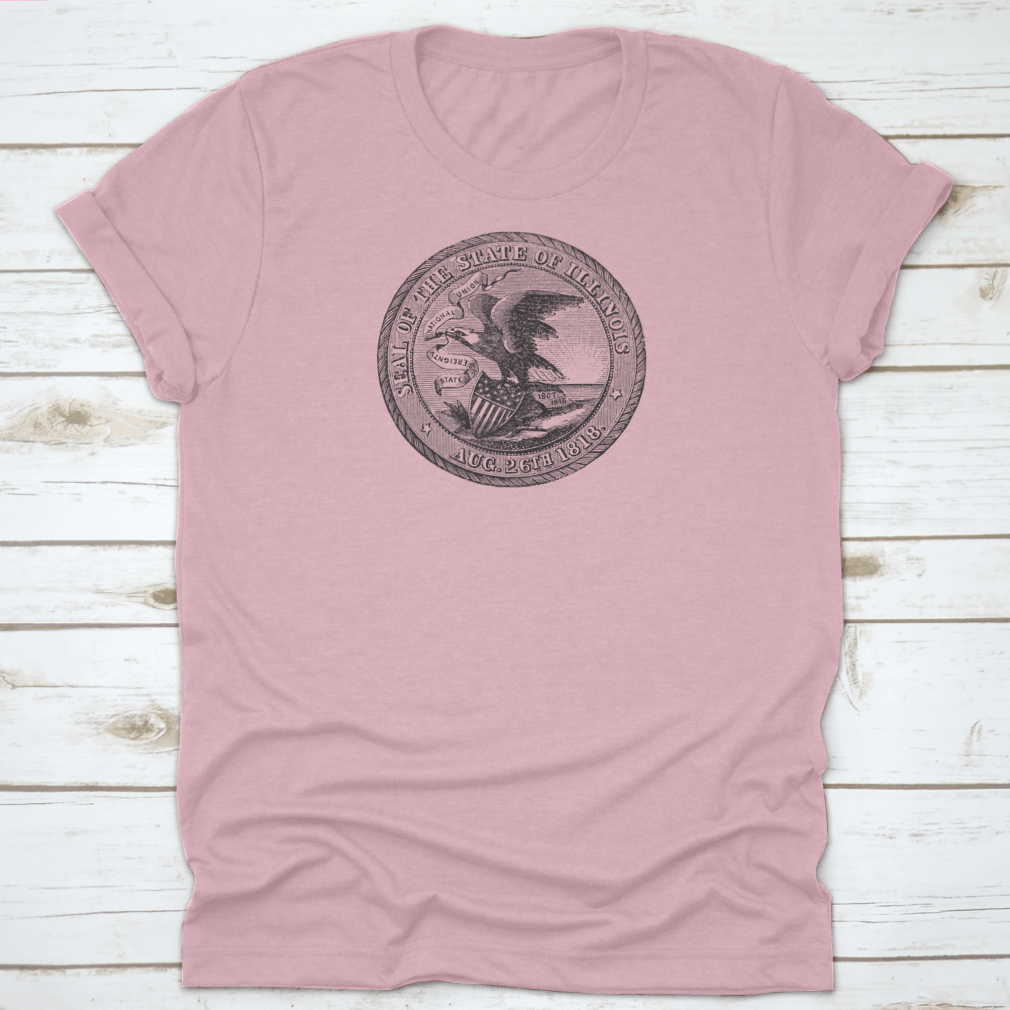 Vintage engraving of the Great Seal of Illinois on a classic cotton t-shirt, showcasing intricate details.