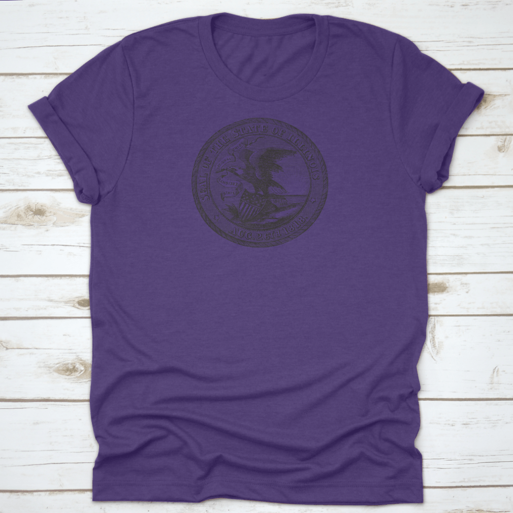 Vintage engraving of the Great Seal of Illinois on a classic cotton t-shirt, showcasing intricate details.