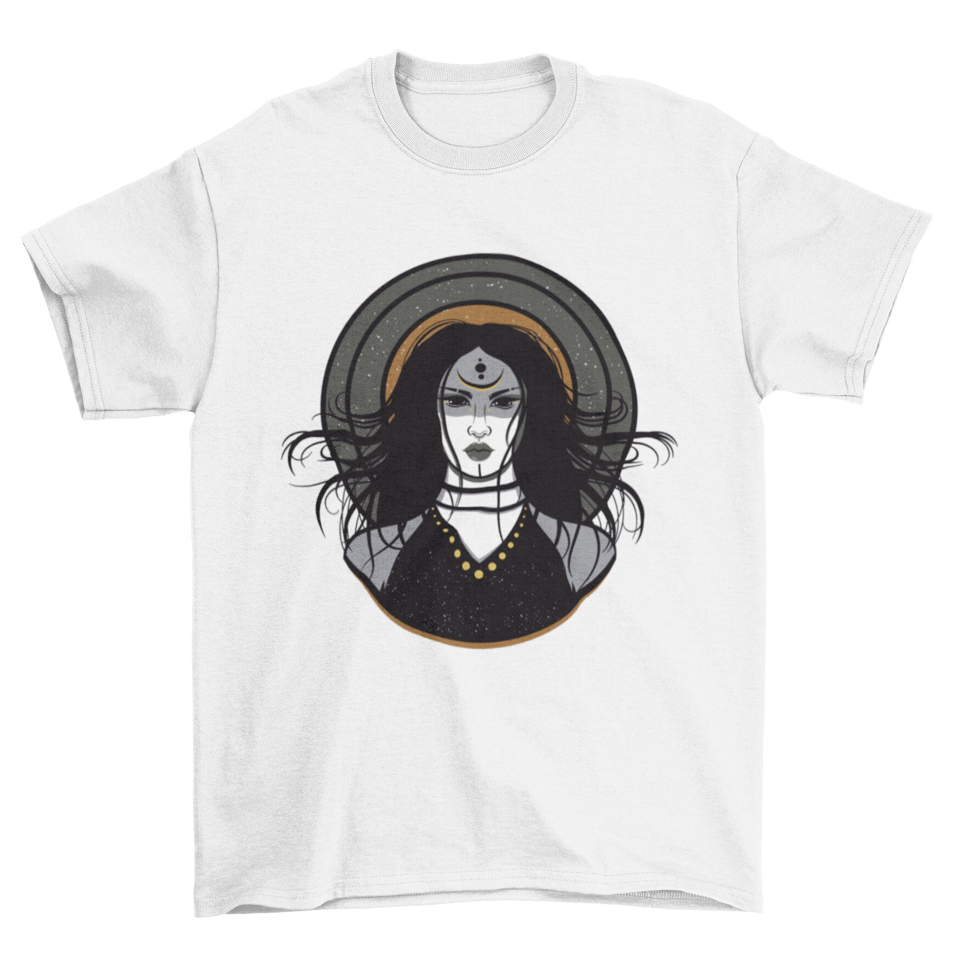 Great Wicked Sorceress T-Shirt featuring a dark woman with mystical symbols on her head, showcasing a unique and enchanting design.