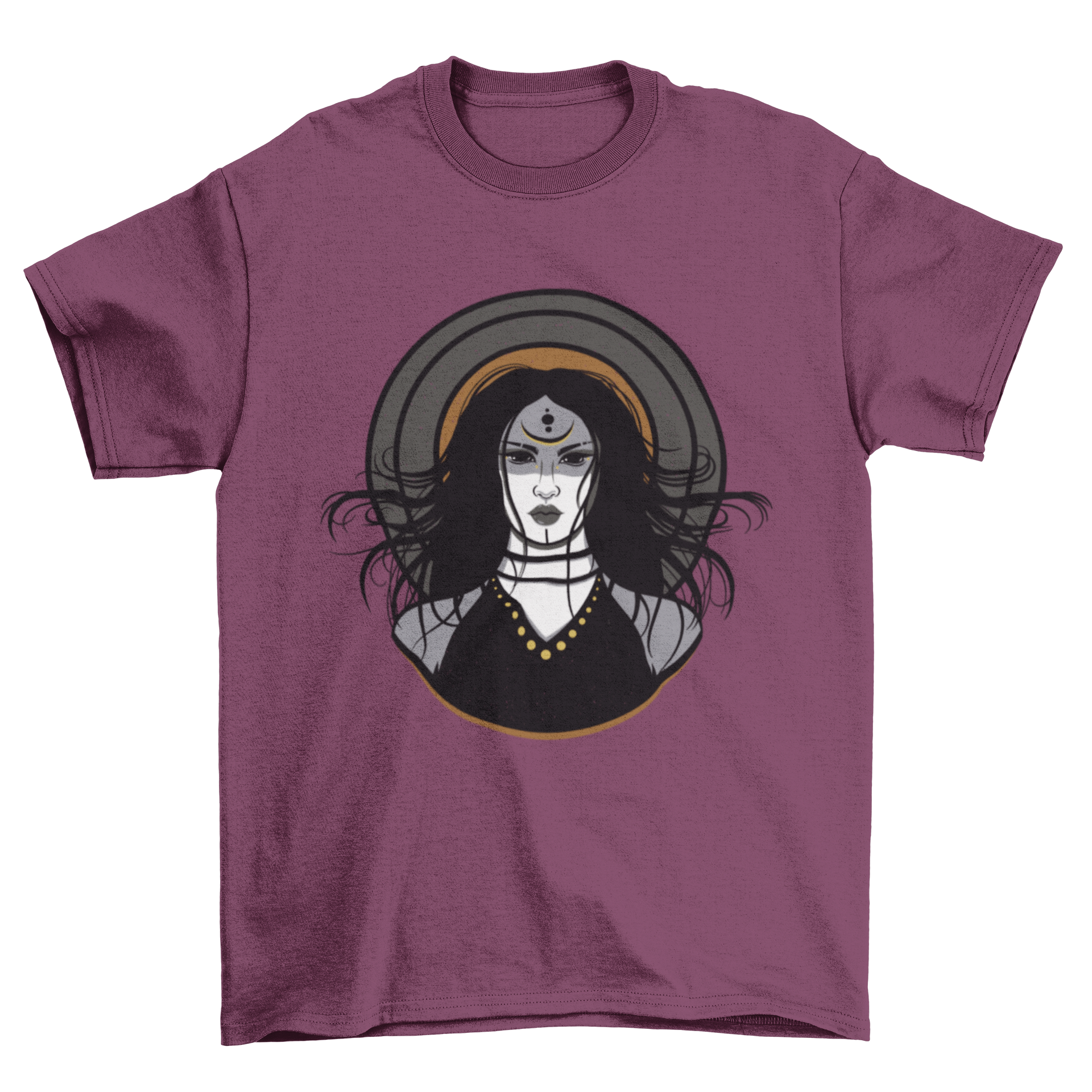 Great Wicked Sorceress T-Shirt featuring a dark woman with mystical symbols on her head, showcasing a unique and enchanting design.