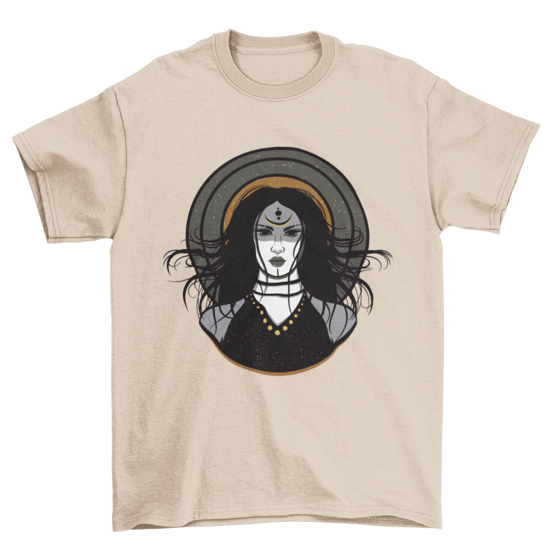 Great Wicked Sorceress T-Shirt featuring a dark woman with mystical symbols on her head, showcasing a unique and enchanting design.