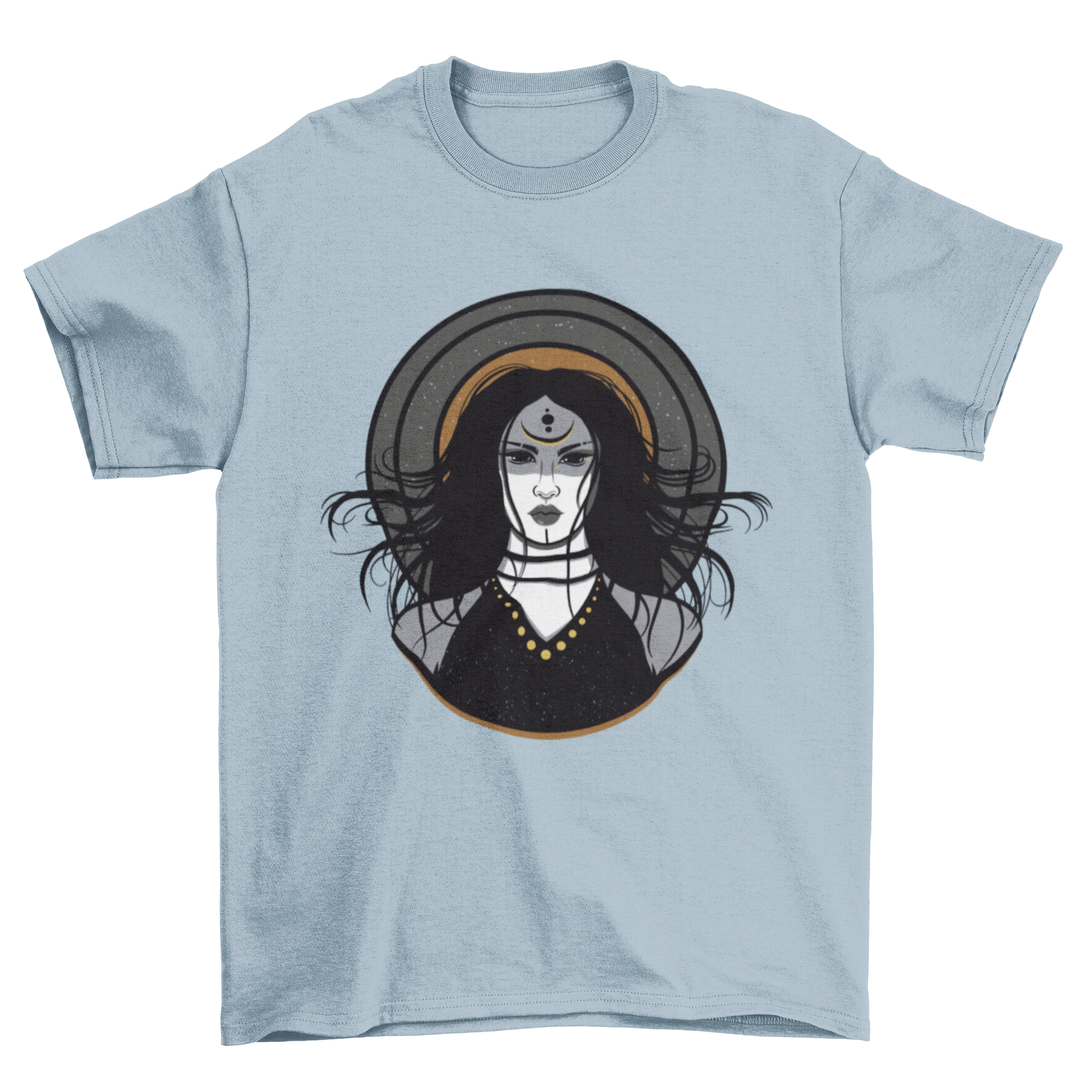 Great Wicked Sorceress T-Shirt featuring a dark woman with mystical symbols on her head, showcasing a unique and enchanting design.