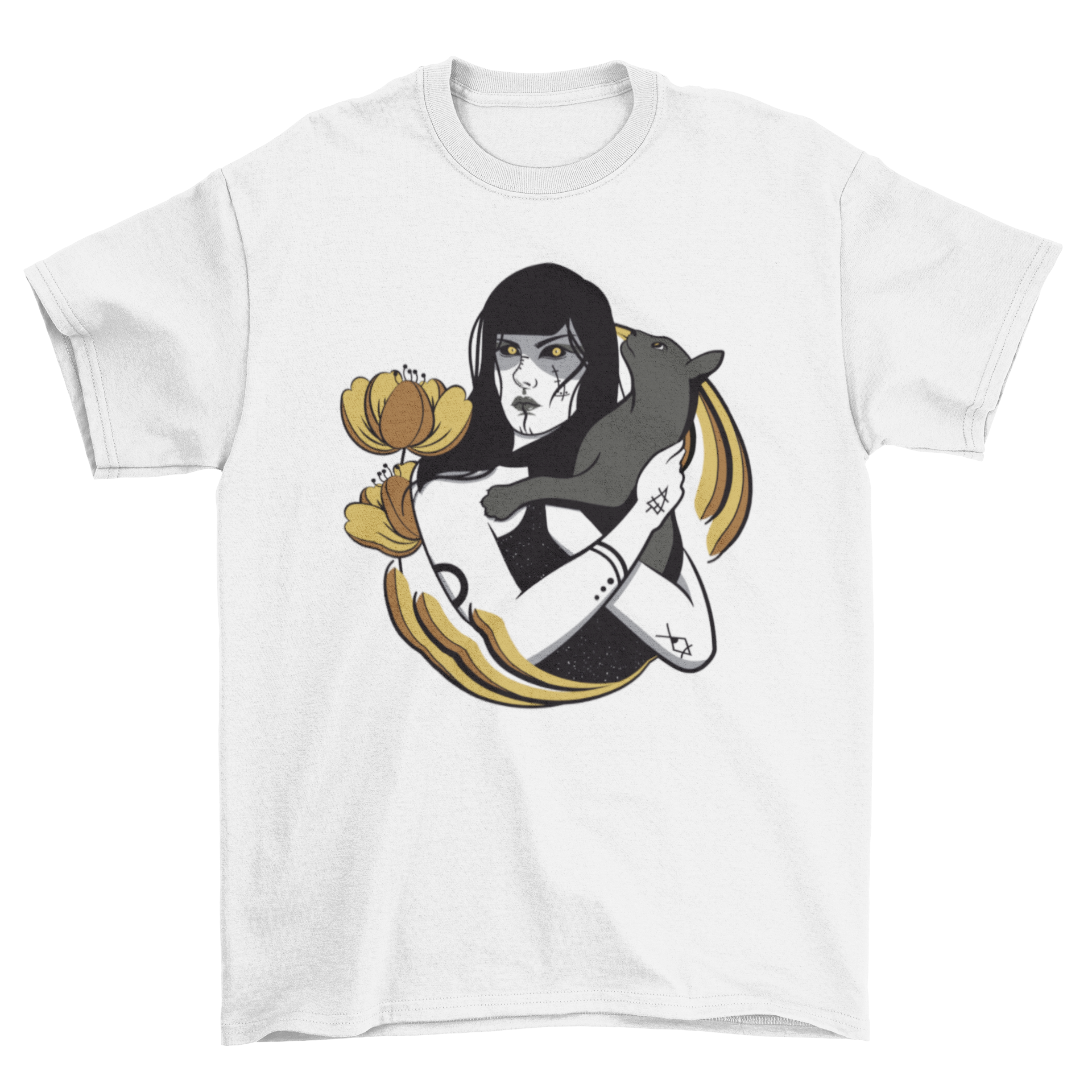 A stylish t-shirt featuring a witch holding a black cat, perfect for cat lovers and Halloween enthusiasts.