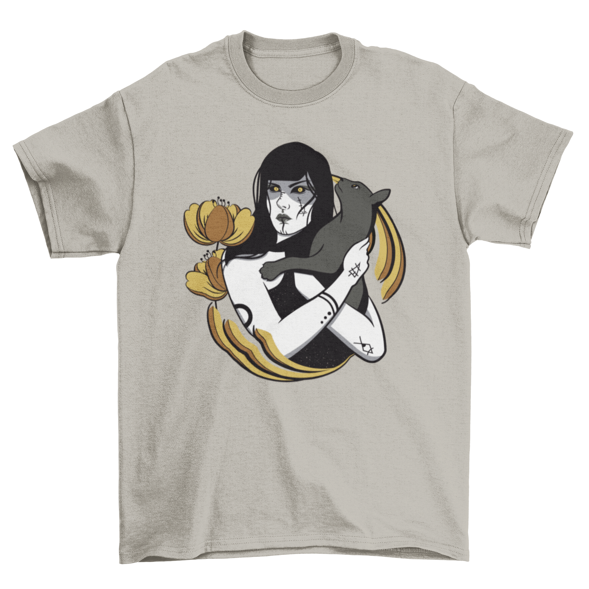 A stylish t-shirt featuring a witch holding a black cat, perfect for cat lovers and Halloween enthusiasts.