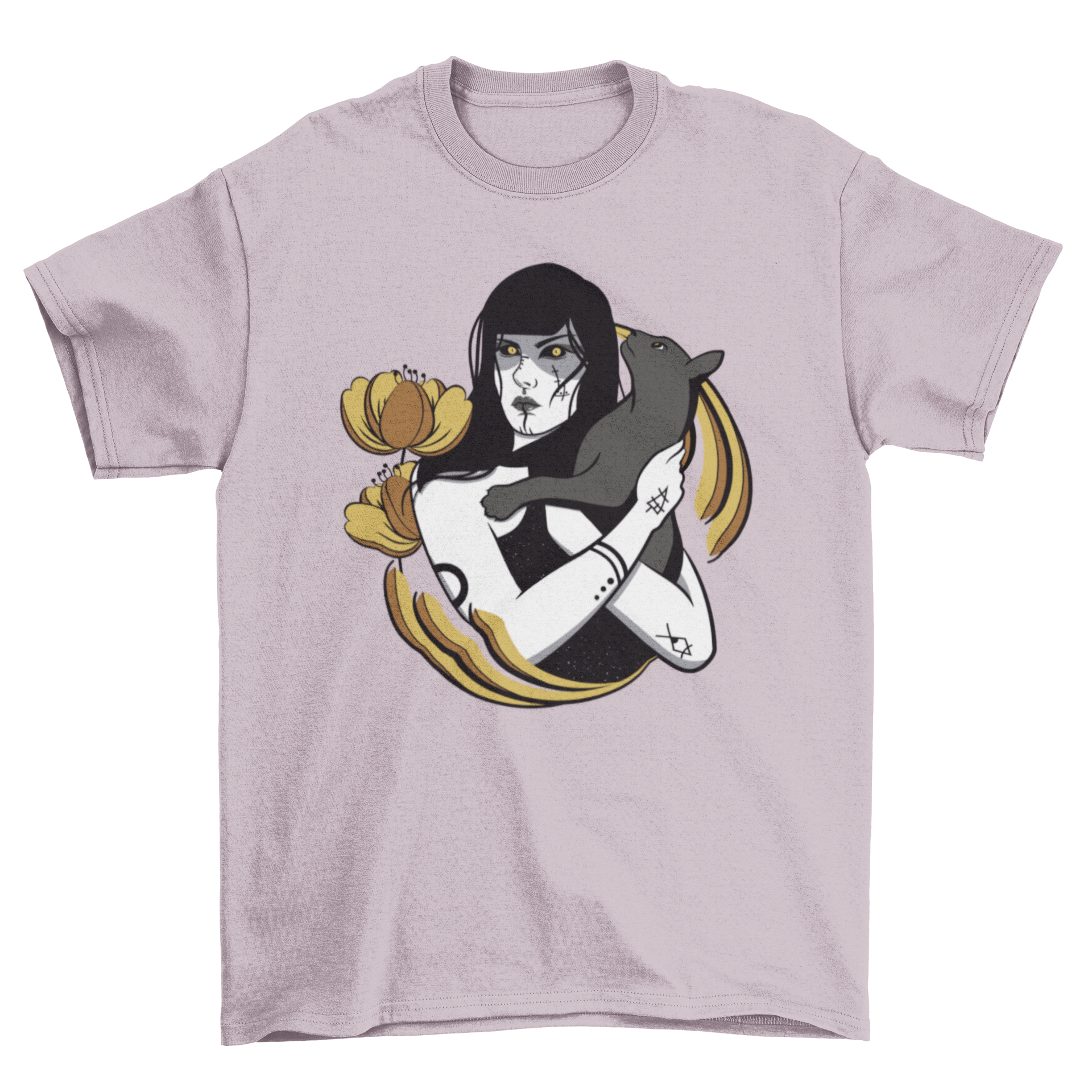 A stylish t-shirt featuring a witch holding a black cat, perfect for cat lovers and Halloween enthusiasts.