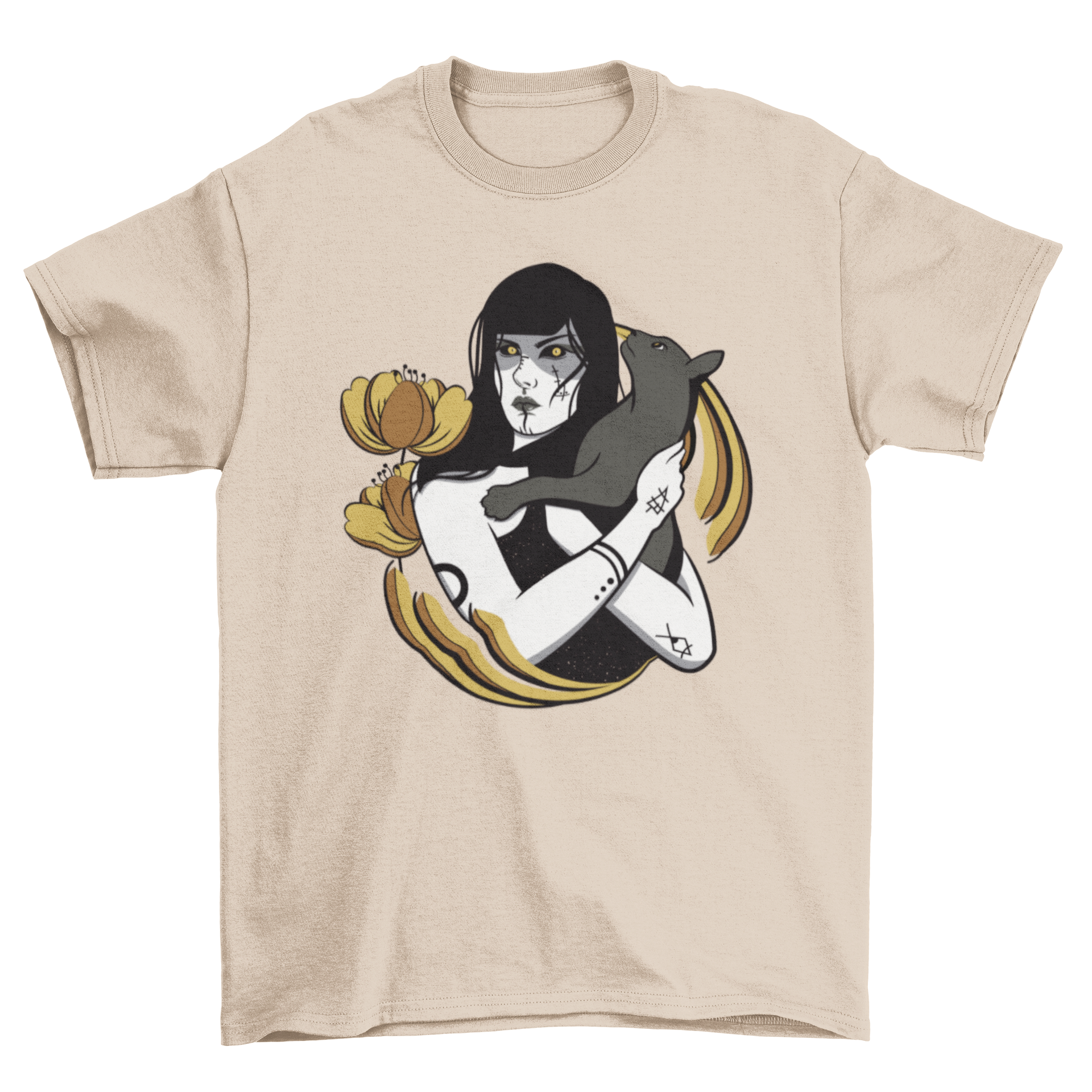 A stylish t-shirt featuring a witch holding a black cat, perfect for cat lovers and Halloween enthusiasts.