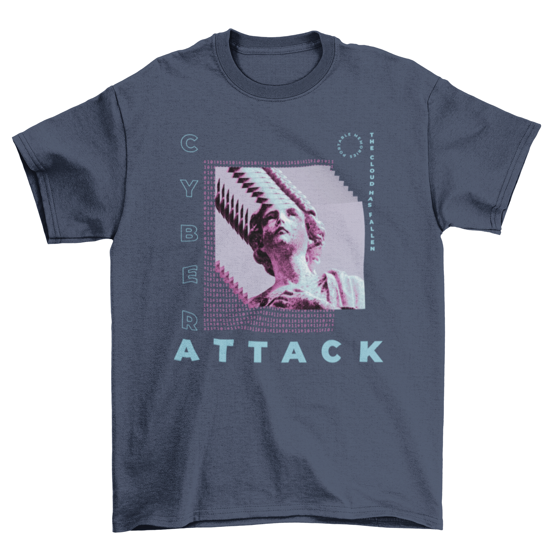 A stylish t-shirt featuring a Greek statue design with computer screens and the quote 'Cyber attack' in the background.