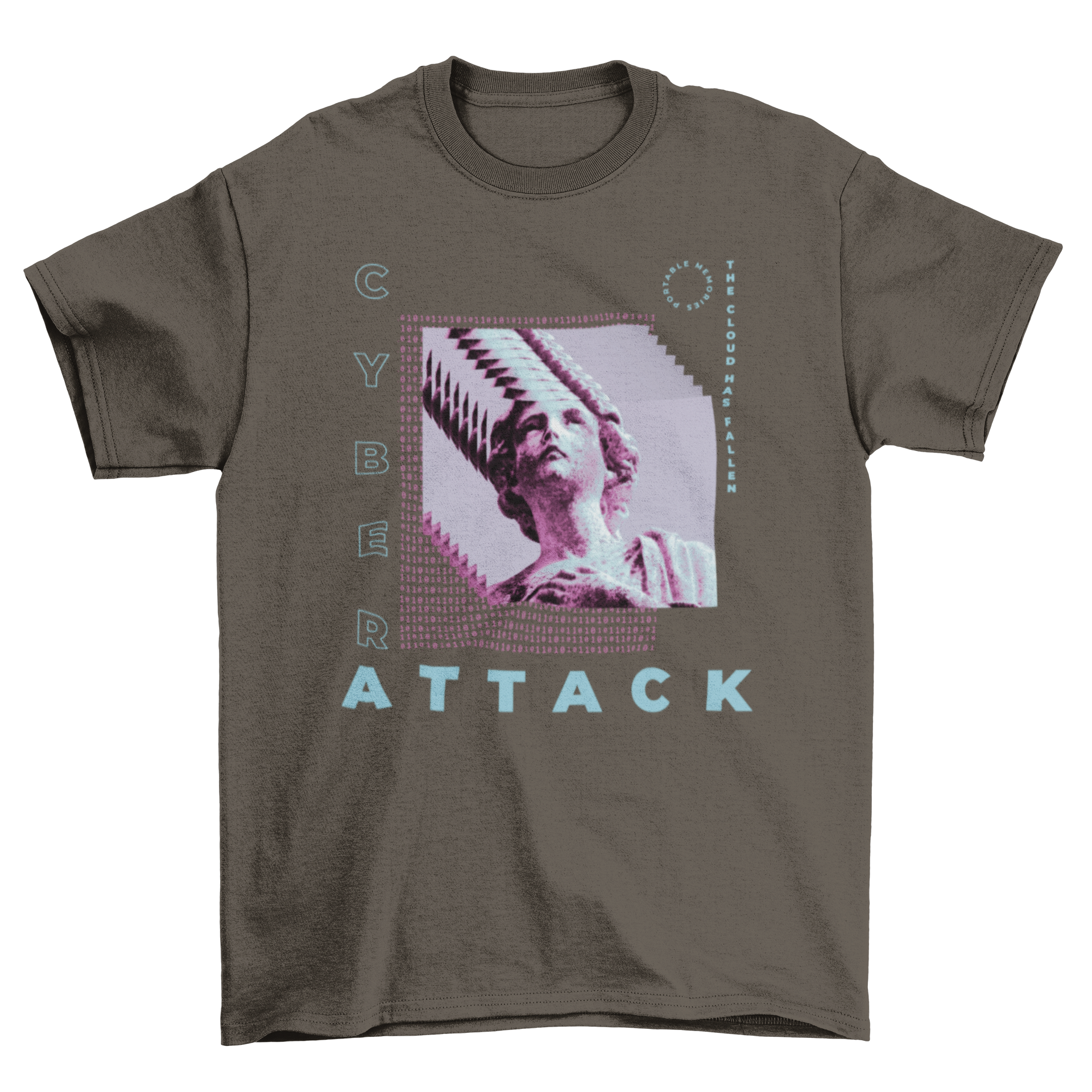 A stylish t-shirt featuring a Greek statue design with computer screens and the quote 'Cyber attack' in the background.