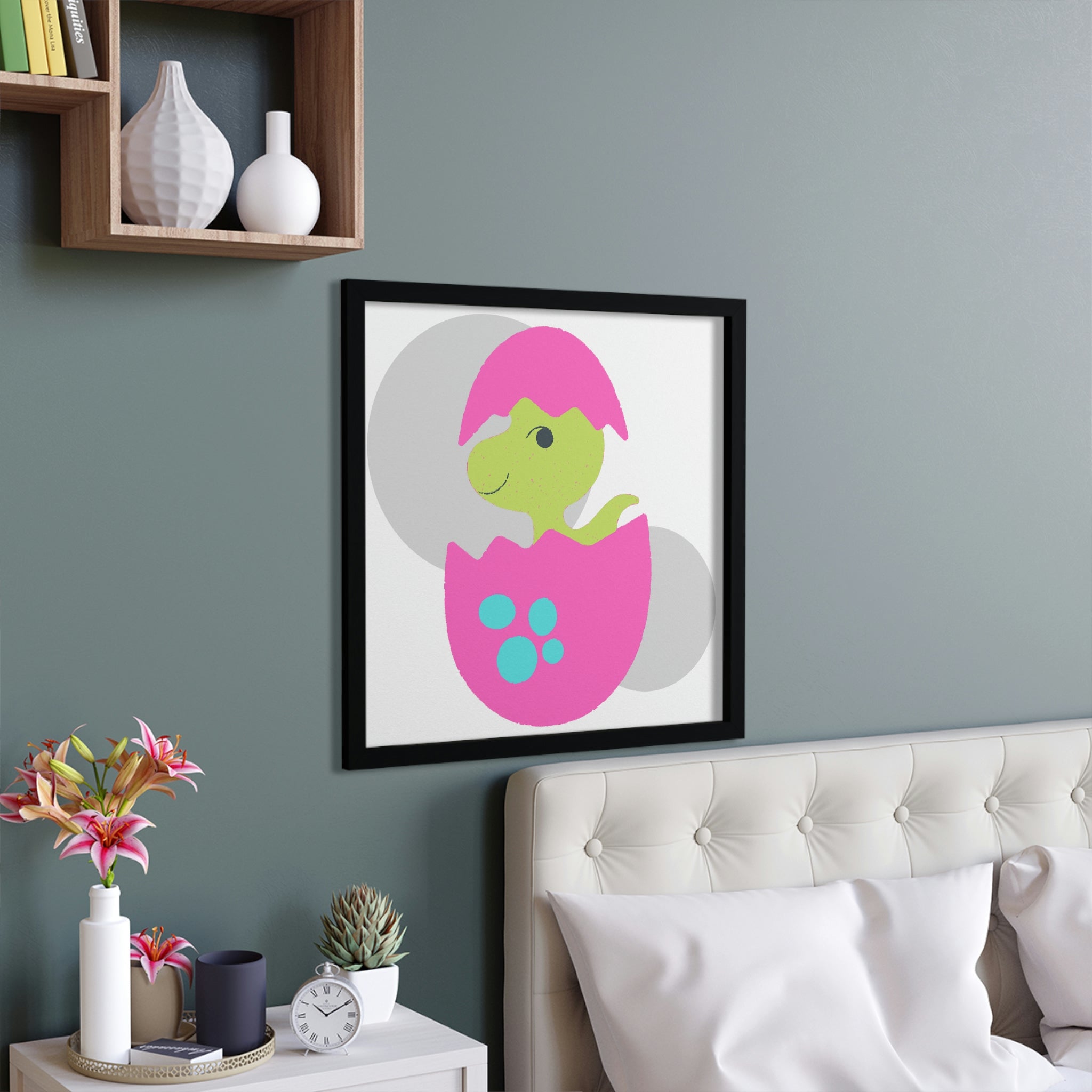 A vibrant Green and Pink Dinosaur Egg Framed Poster showcasing a colorful dinosaur egg design in a hand-crafted wooden frame.