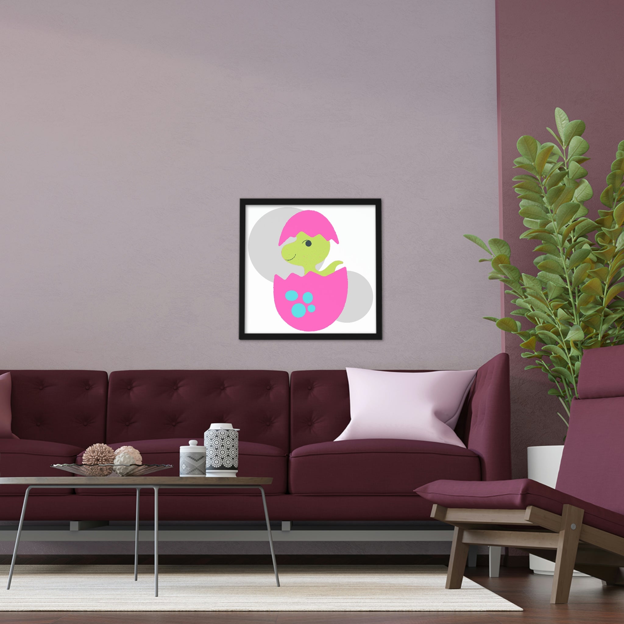 A vibrant Green and Pink Dinosaur Egg Framed Poster showcasing a colorful dinosaur egg design in a hand-crafted wooden frame.