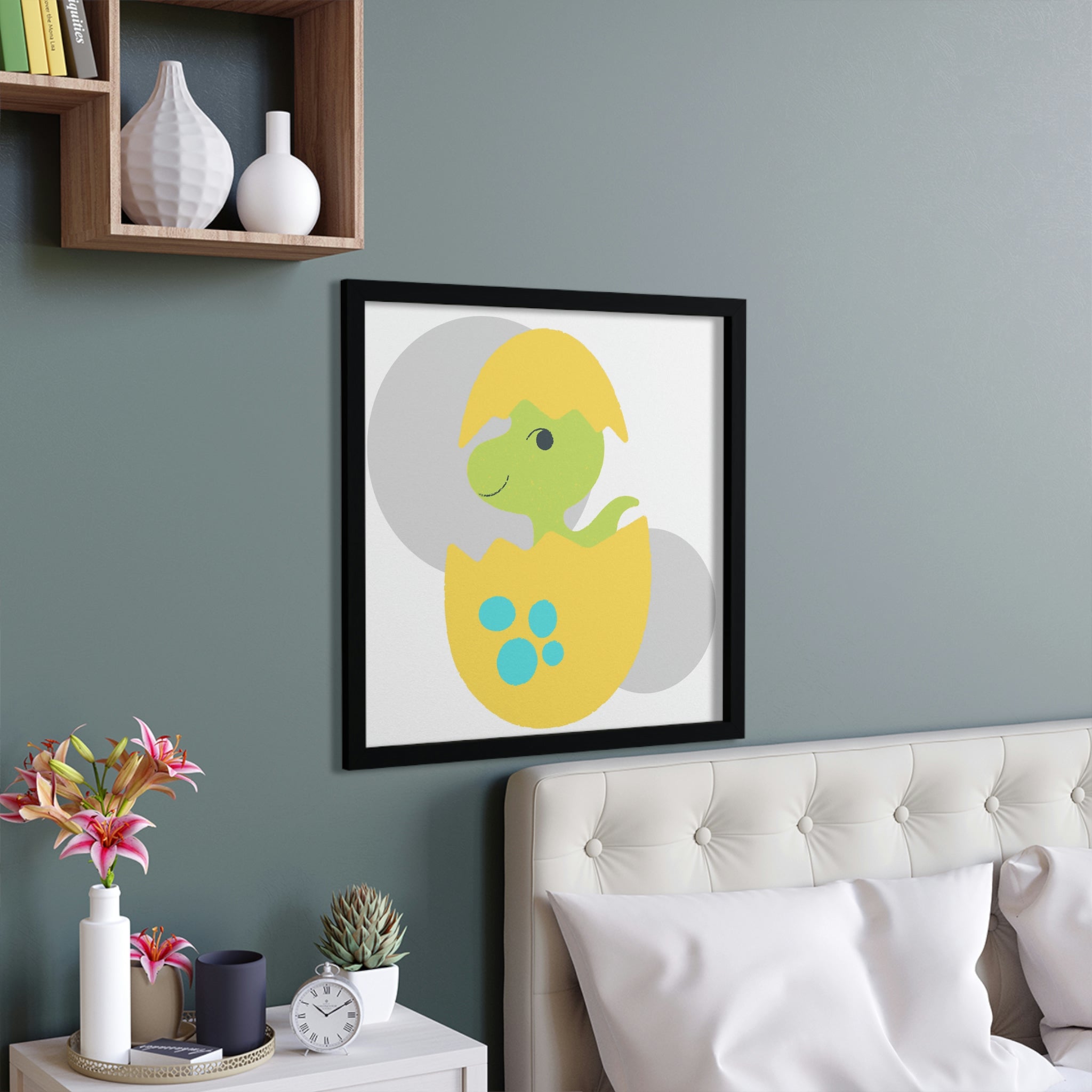 Framed poster featuring a vibrant green and yellow dinosaur egg design, set in a hand-crafted wooden frame.