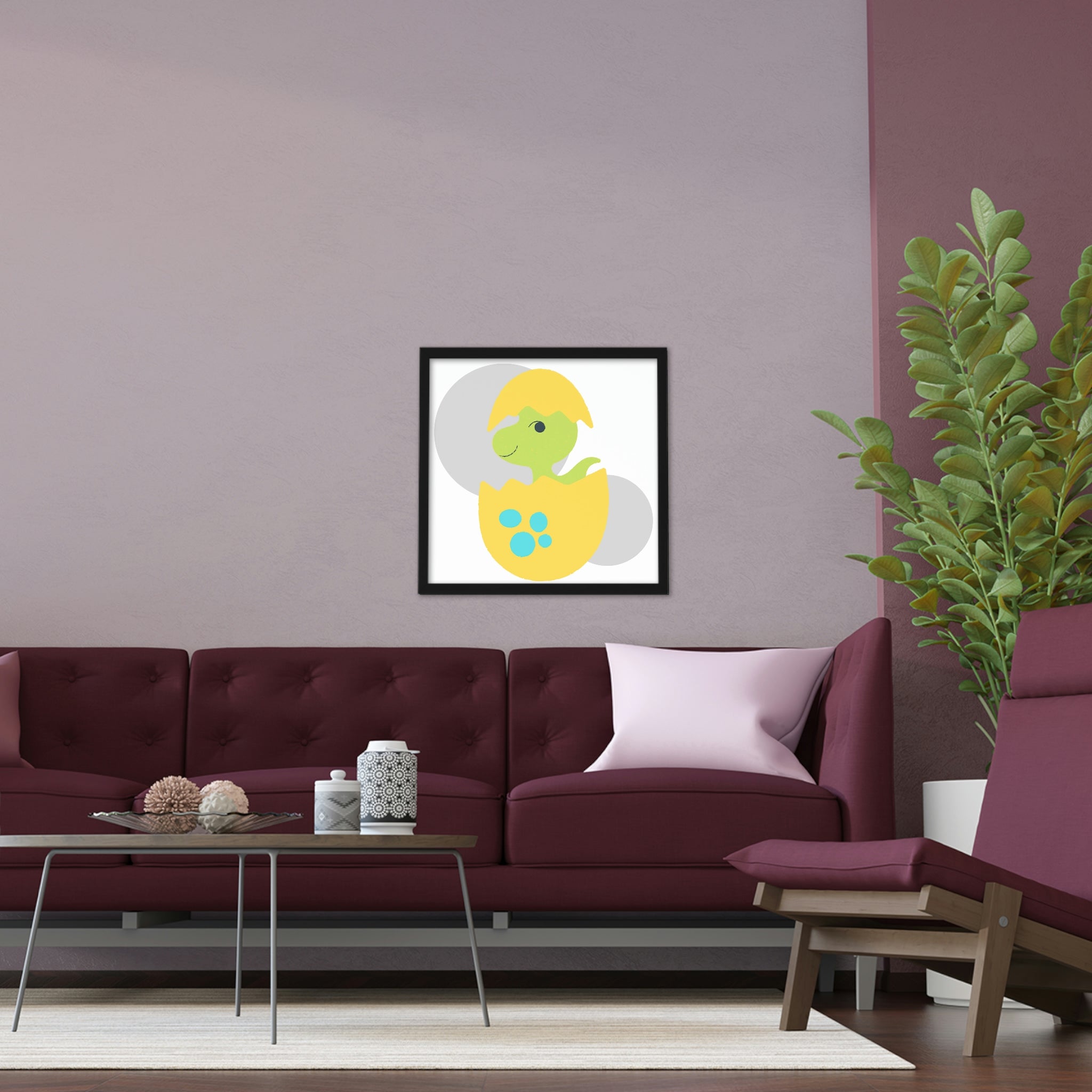 Framed poster featuring a vibrant green and yellow dinosaur egg design, set in a hand-crafted wooden frame.