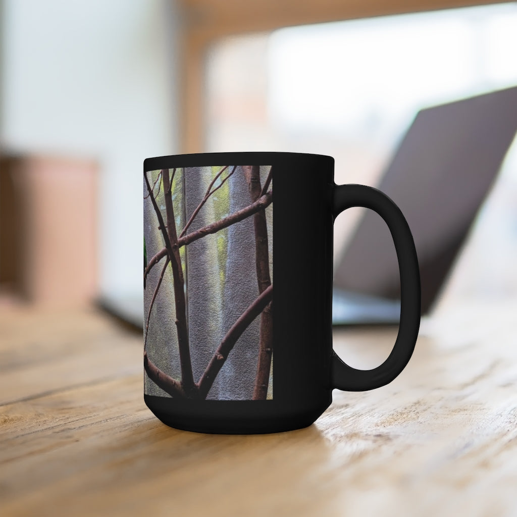 A stylish 15oz black ceramic mug featuring a high-quality sublimation print, perfect for coffee and tea lovers.