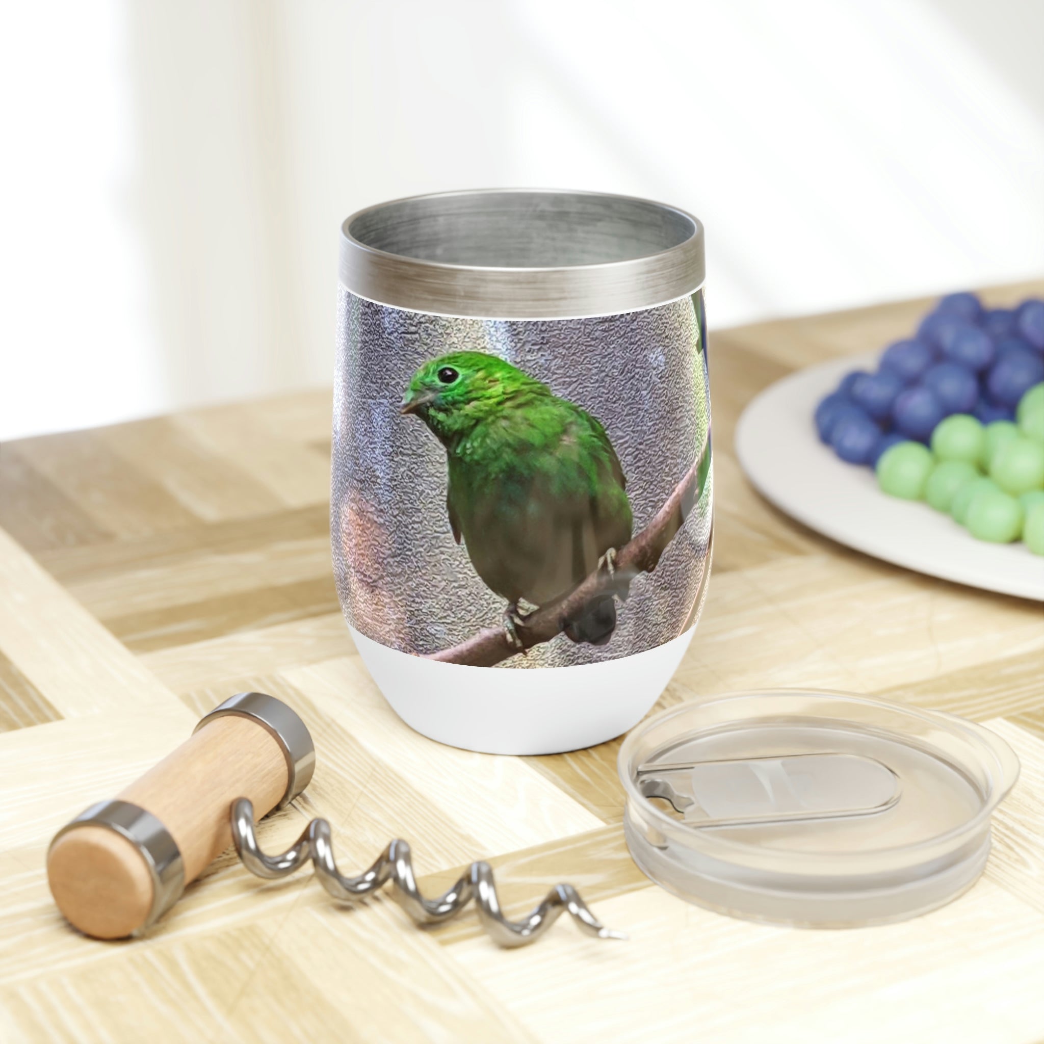 Green Bird Chill Wine Tumbler in stainless steel with a sleek design, perfect for keeping wine at the ideal temperature.