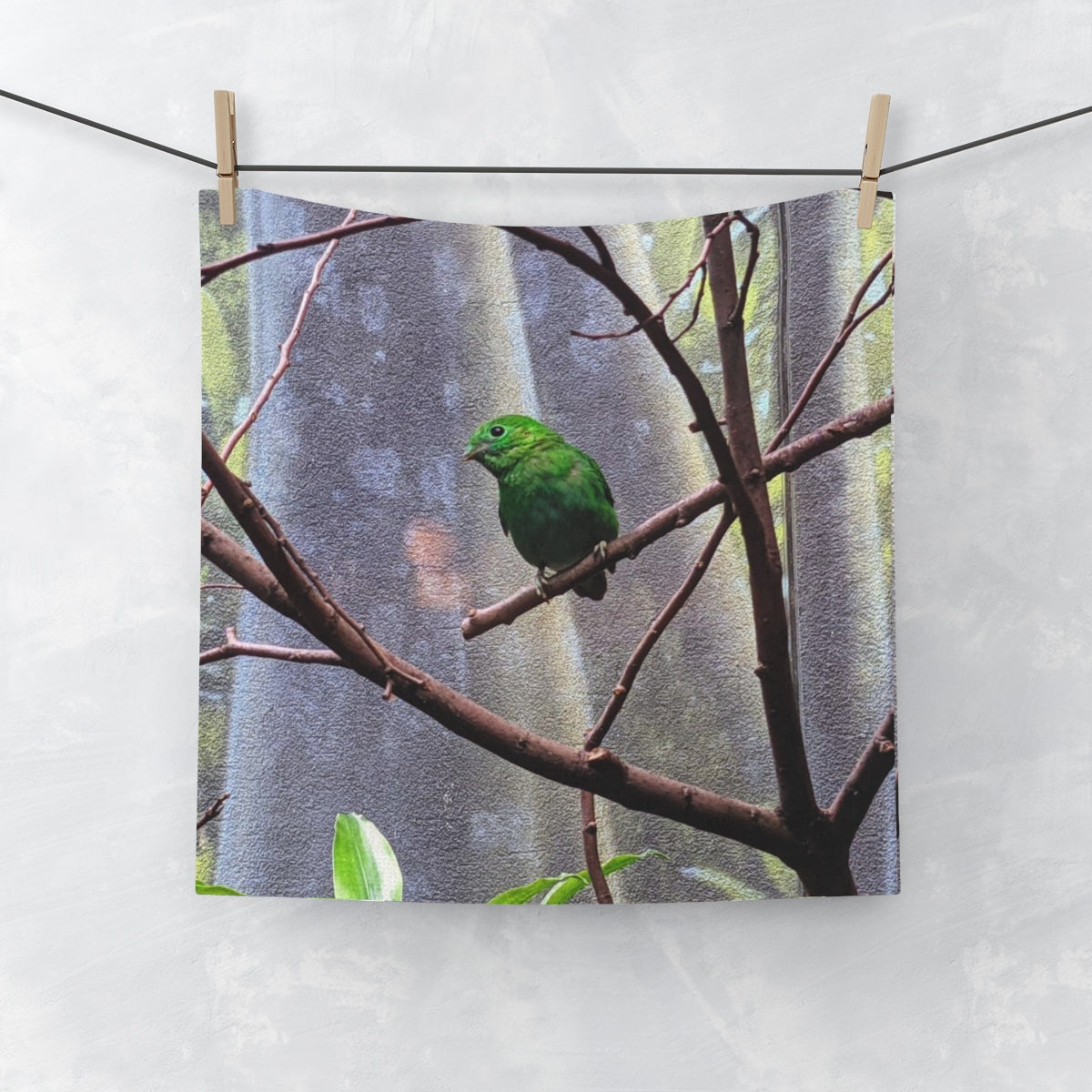 Green Bird Face Towel featuring a customizable polyester front and soft cotton back, ideal for bathroom use.