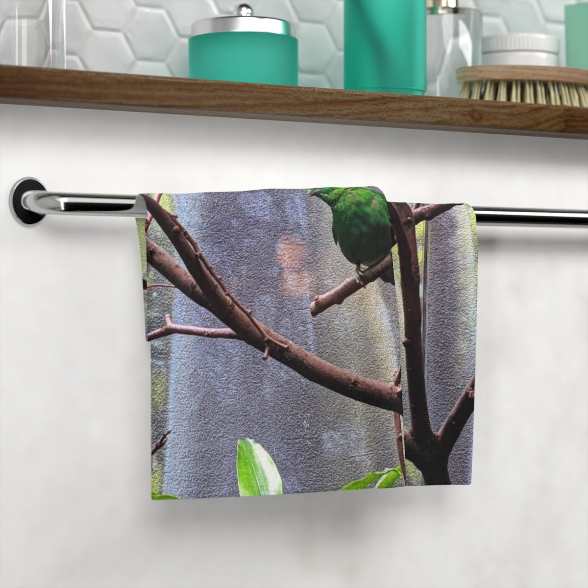 Green Bird Face Towel featuring a customizable polyester front and soft cotton back, ideal for bathroom use.