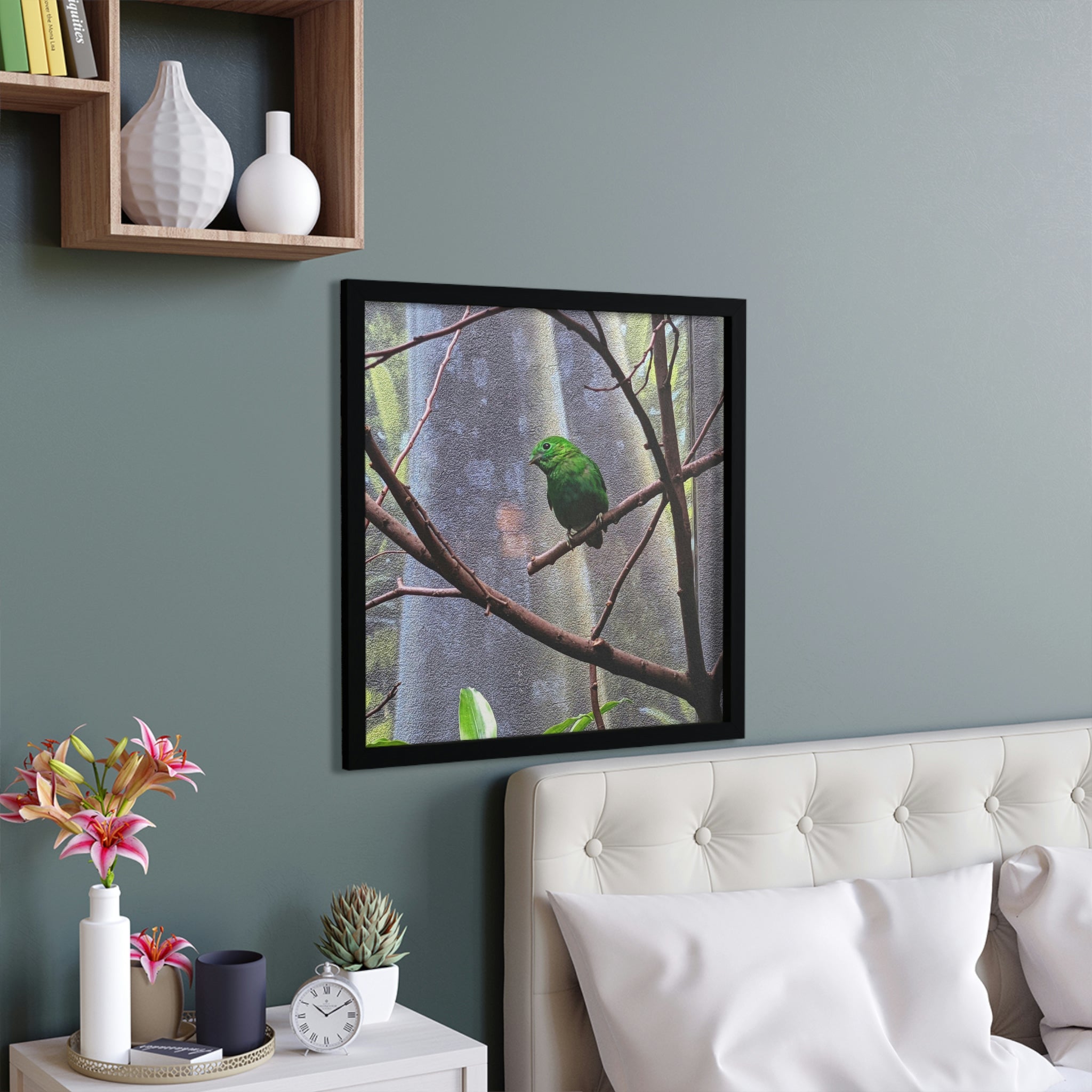 A beautifully framed Green Bird poster with a hand-crafted wooden frame, showcasing vibrant colors and intricate details.