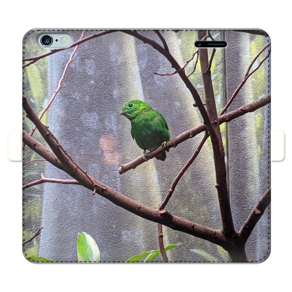 Green Bird Fully Printed Wallet Case featuring vibrant designs, magnetic closure, and faux leather material, suitable for iPhone and Samsung models.