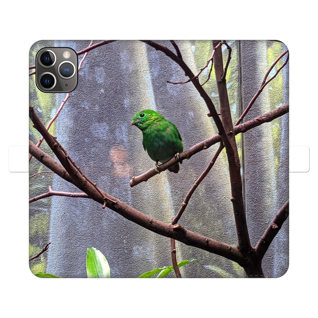 Green Bird Fully Printed Wallet Case featuring vibrant designs, magnetic closure, and faux leather material, suitable for iPhone and Samsung models.