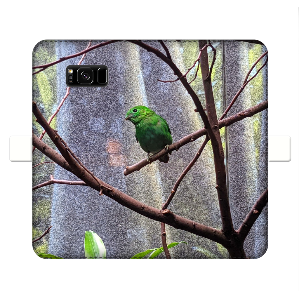 Green Bird Fully Printed Wallet Case featuring vibrant designs, magnetic closure, and faux leather material, suitable for iPhone and Samsung models.