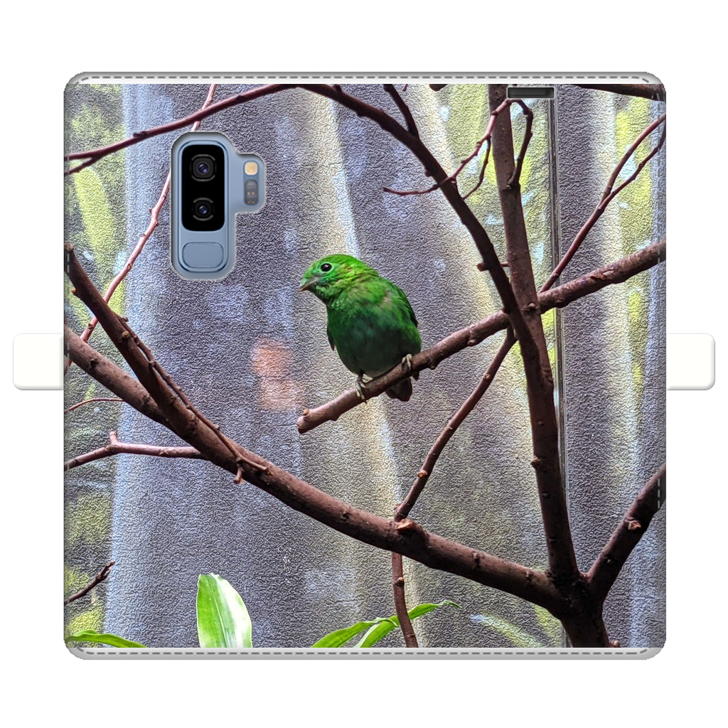 Green Bird Fully Printed Wallet Case featuring vibrant designs, magnetic closure, and faux leather material, suitable for iPhone and Samsung models.