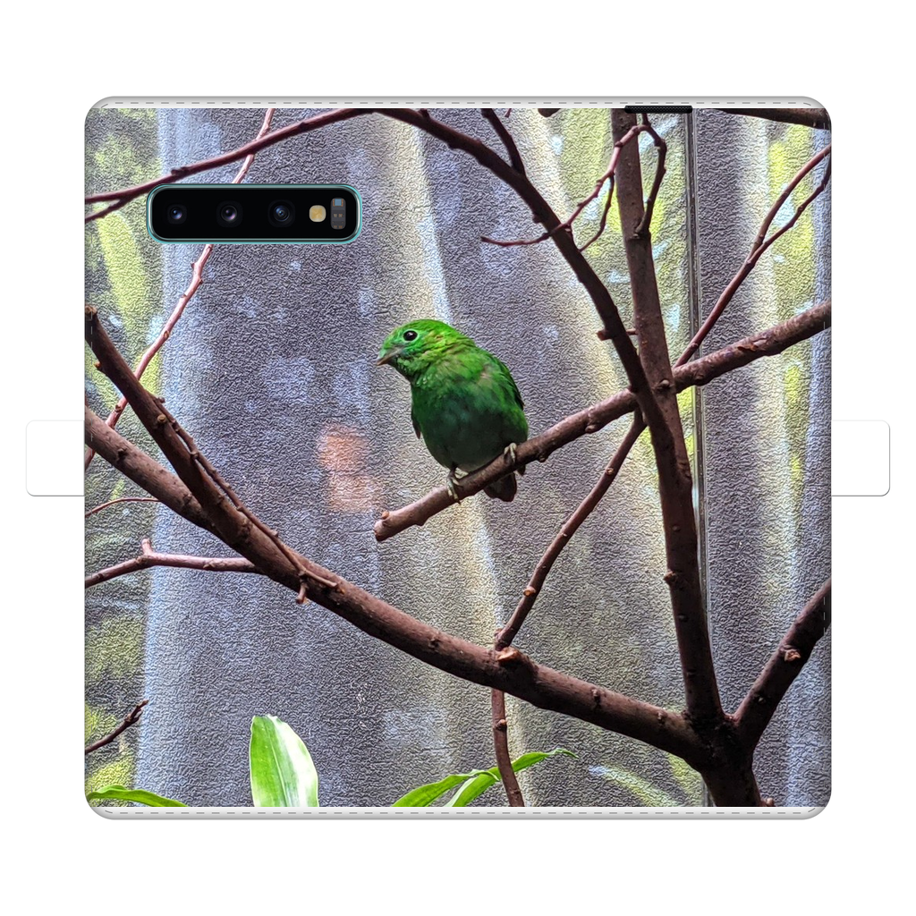 Green Bird Fully Printed Wallet Case featuring vibrant designs, magnetic closure, and faux leather material, suitable for iPhone and Samsung models.