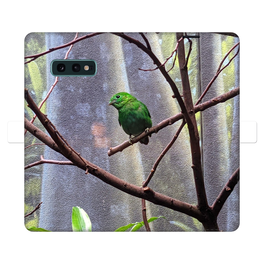 Green Bird Fully Printed Wallet Case featuring vibrant designs, magnetic closure, and faux leather material, suitable for iPhone and Samsung models.