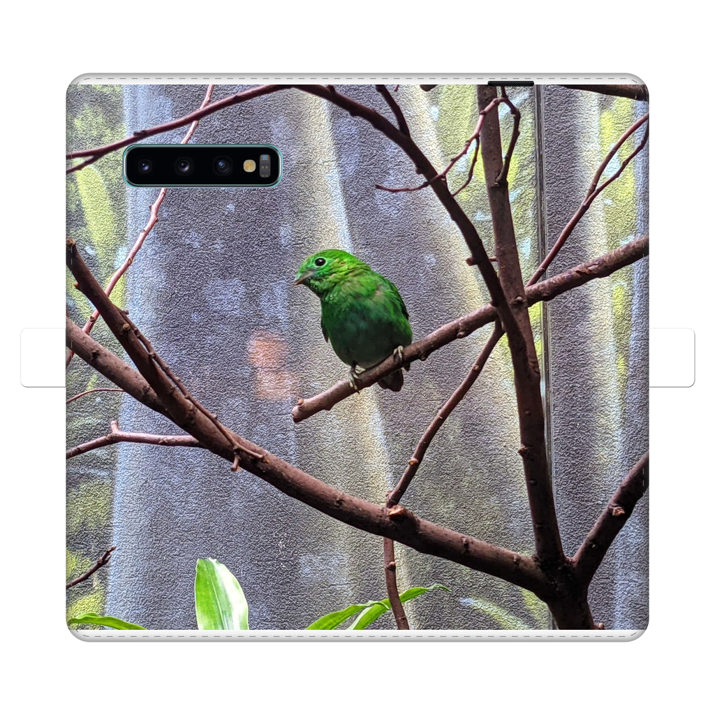 Green Bird Fully Printed Wallet Case featuring vibrant designs, magnetic closure, and faux leather material, suitable for iPhone and Samsung models.