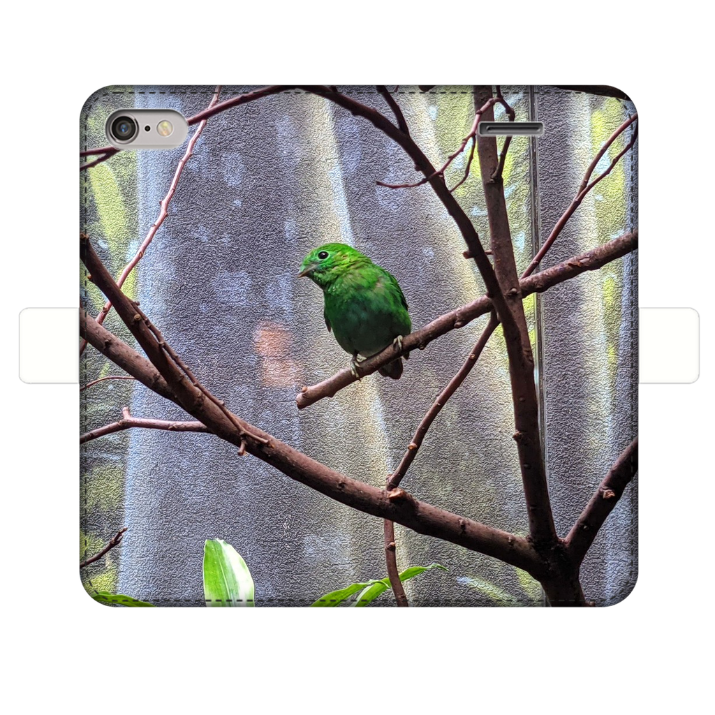 Green Bird Fully Printed Wallet Case featuring vibrant designs, magnetic closure, and faux leather material, suitable for iPhone and Samsung models.