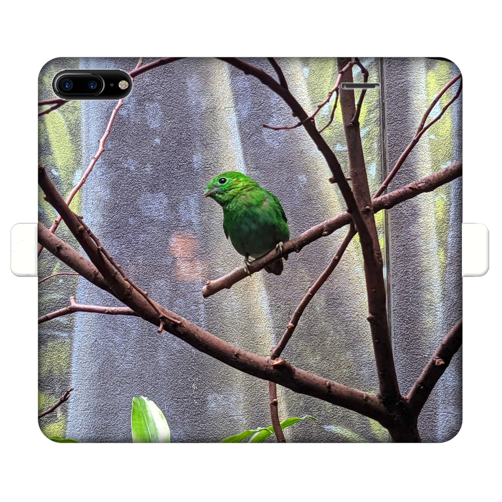 Green Bird Fully Printed Wallet Case featuring vibrant designs, magnetic closure, and faux leather material, suitable for iPhone and Samsung models.