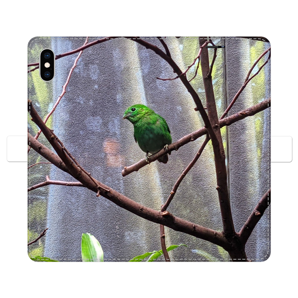 Green Bird Fully Printed Wallet Case featuring vibrant designs, magnetic closure, and faux leather material, suitable for iPhone and Samsung models.