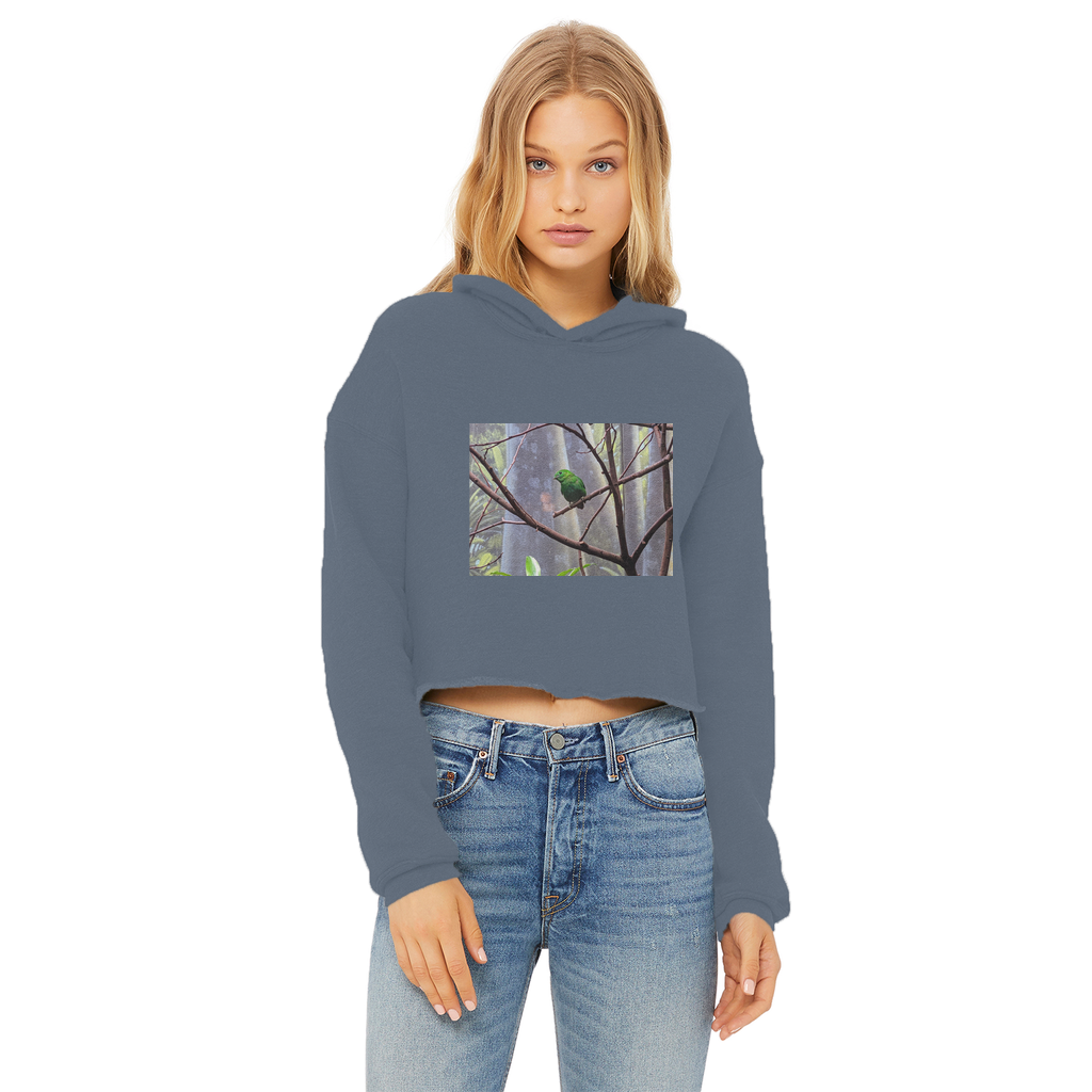 Green Bird Ladies Cropped Raw Edge Hoodie featuring a stylish cropped design, raw edge hem, and soft cotton fabric in various colors.