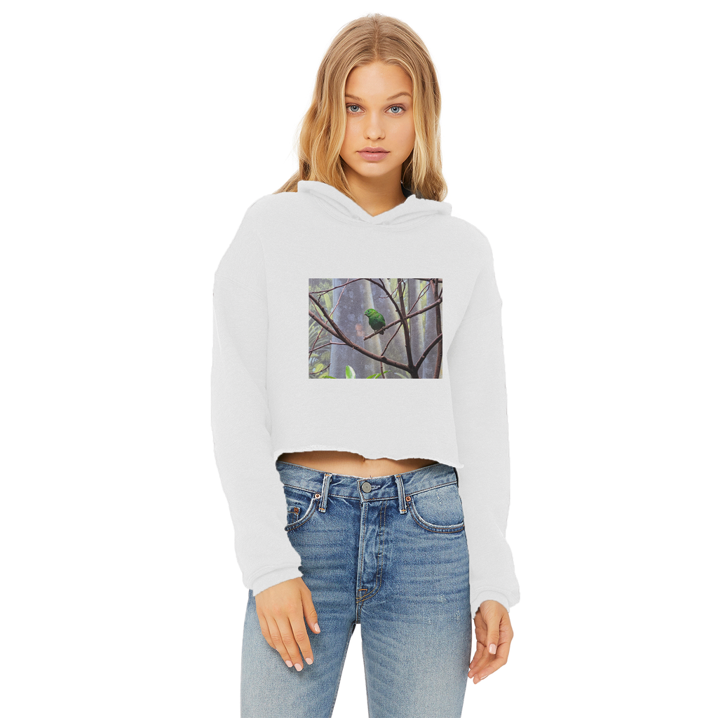 Green Bird Ladies Cropped Raw Edge Hoodie featuring a stylish cropped design, raw edge hem, and soft cotton fabric in various colors.