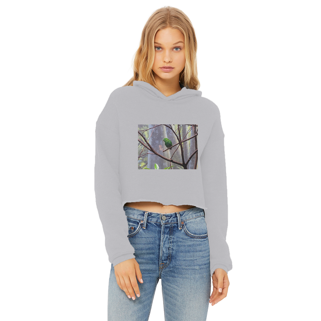 Green Bird Ladies Cropped Raw Edge Hoodie featuring a stylish cropped design, raw edge hem, and soft cotton fabric in various colors.