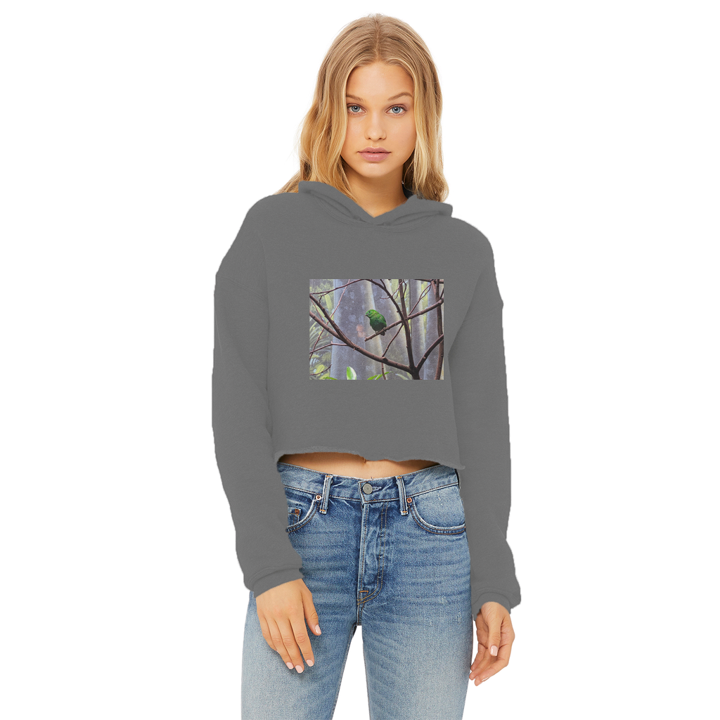 Green Bird Ladies Cropped Raw Edge Hoodie featuring a stylish cropped design, raw edge hem, and soft cotton fabric in various colors.