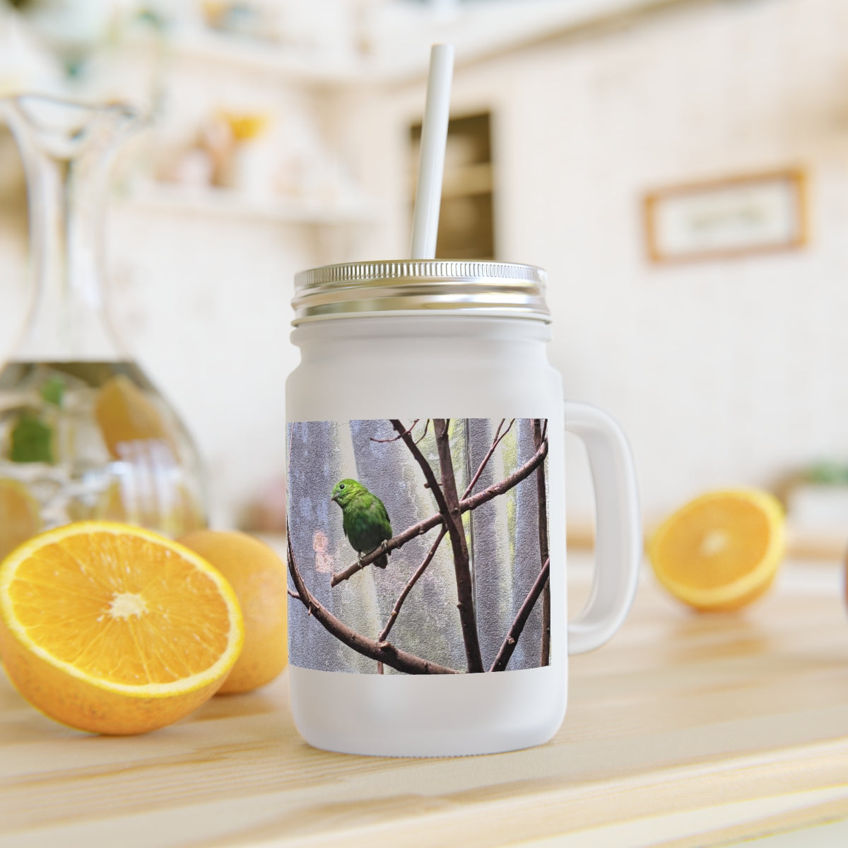 A stylish Green Bird Mason Jar made of frosted glass, featuring a lid and straw, perfect for personalized drinks.