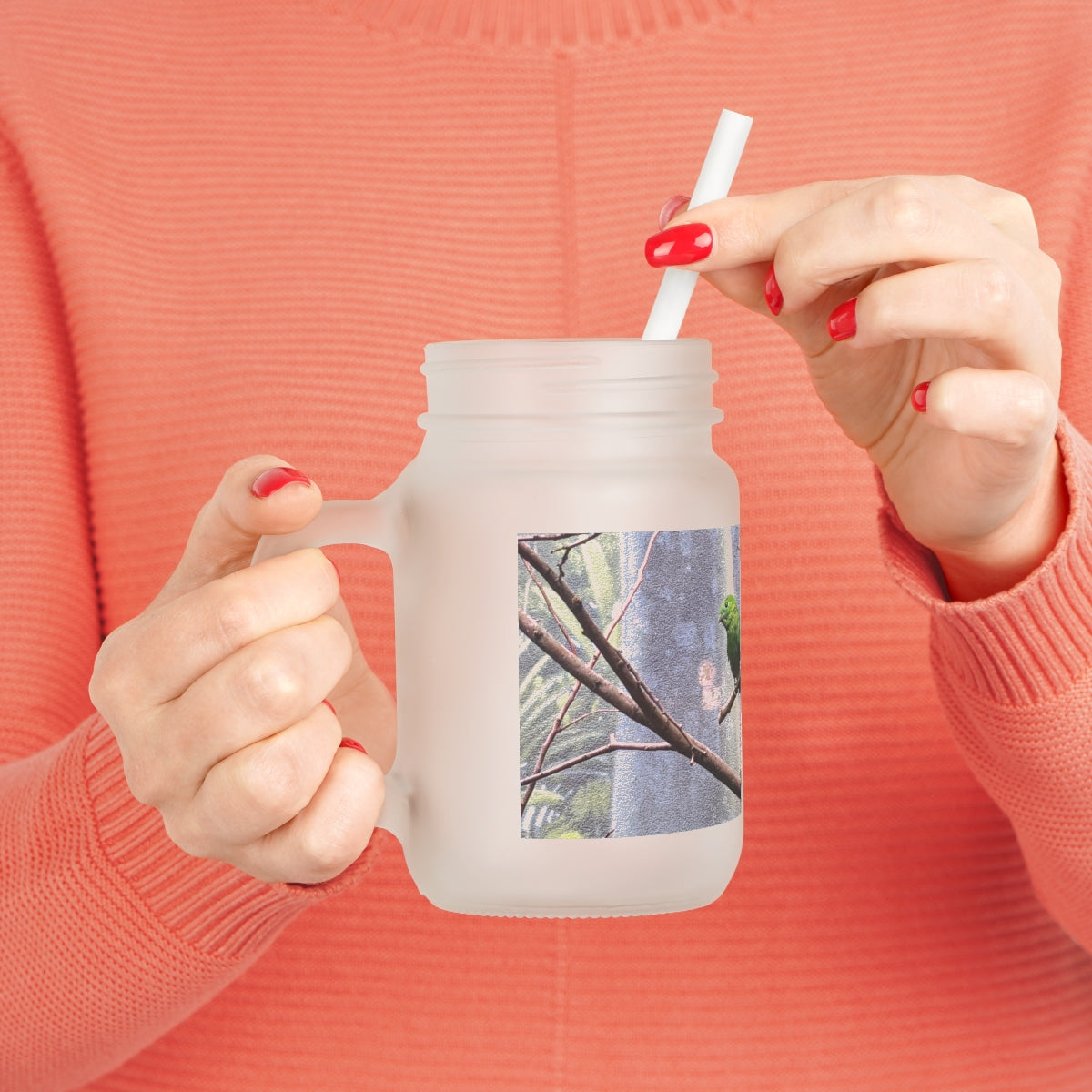 A stylish Green Bird Mason Jar made of frosted glass, featuring a lid and straw, perfect for personalized drinks.